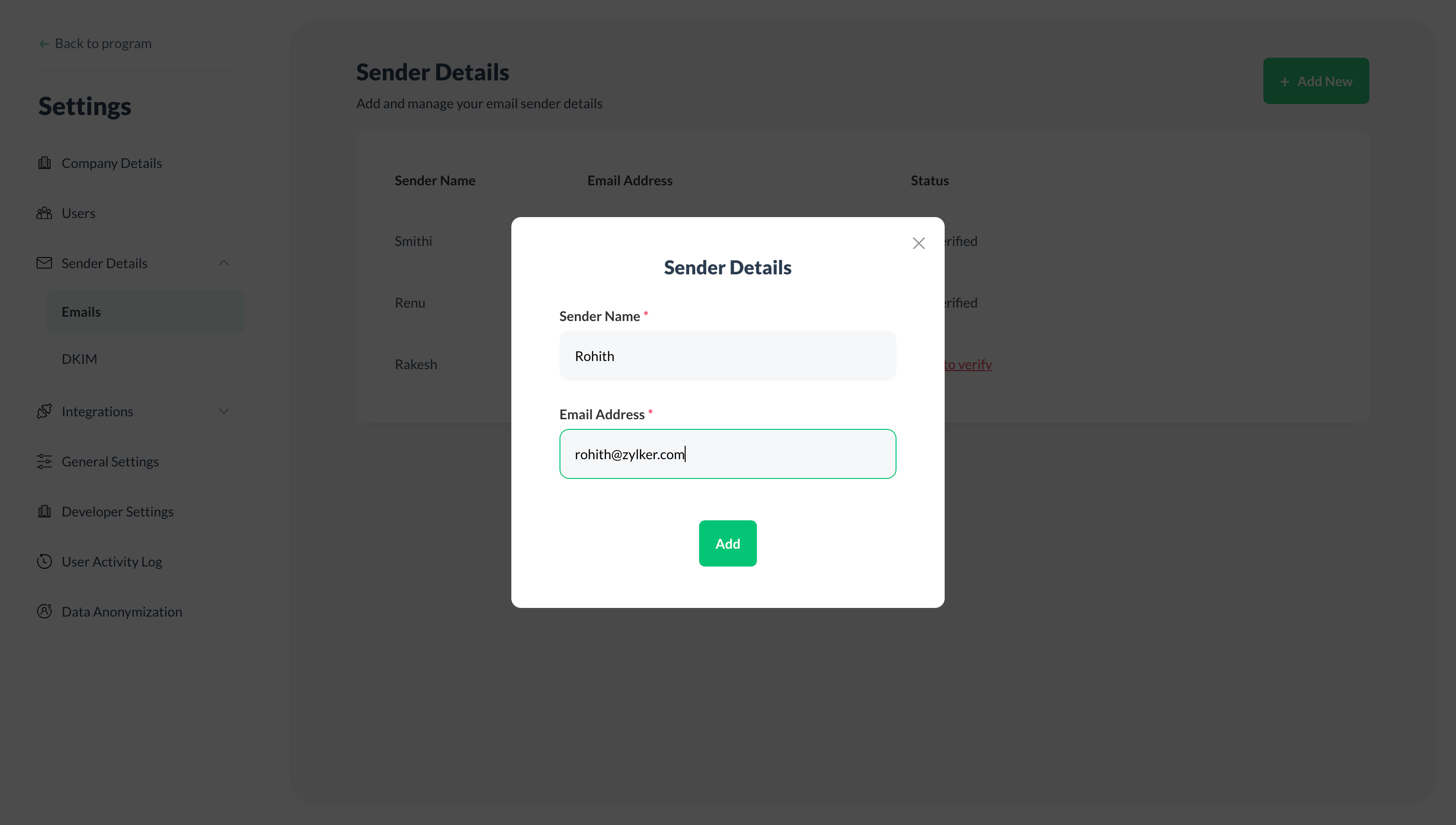 Zoho Thrive - Sender email