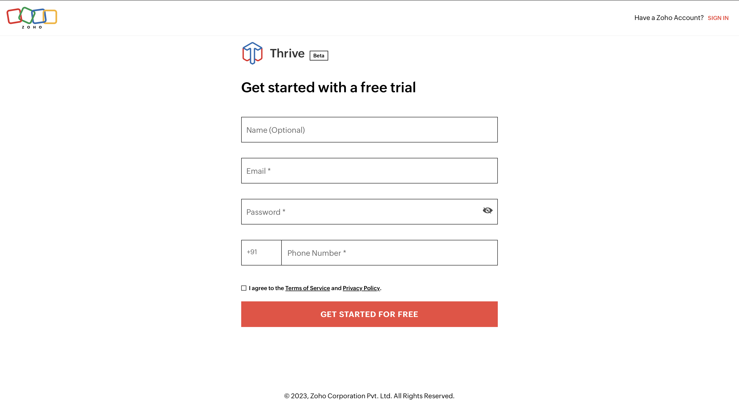 Sign up page - Zoho Thrive