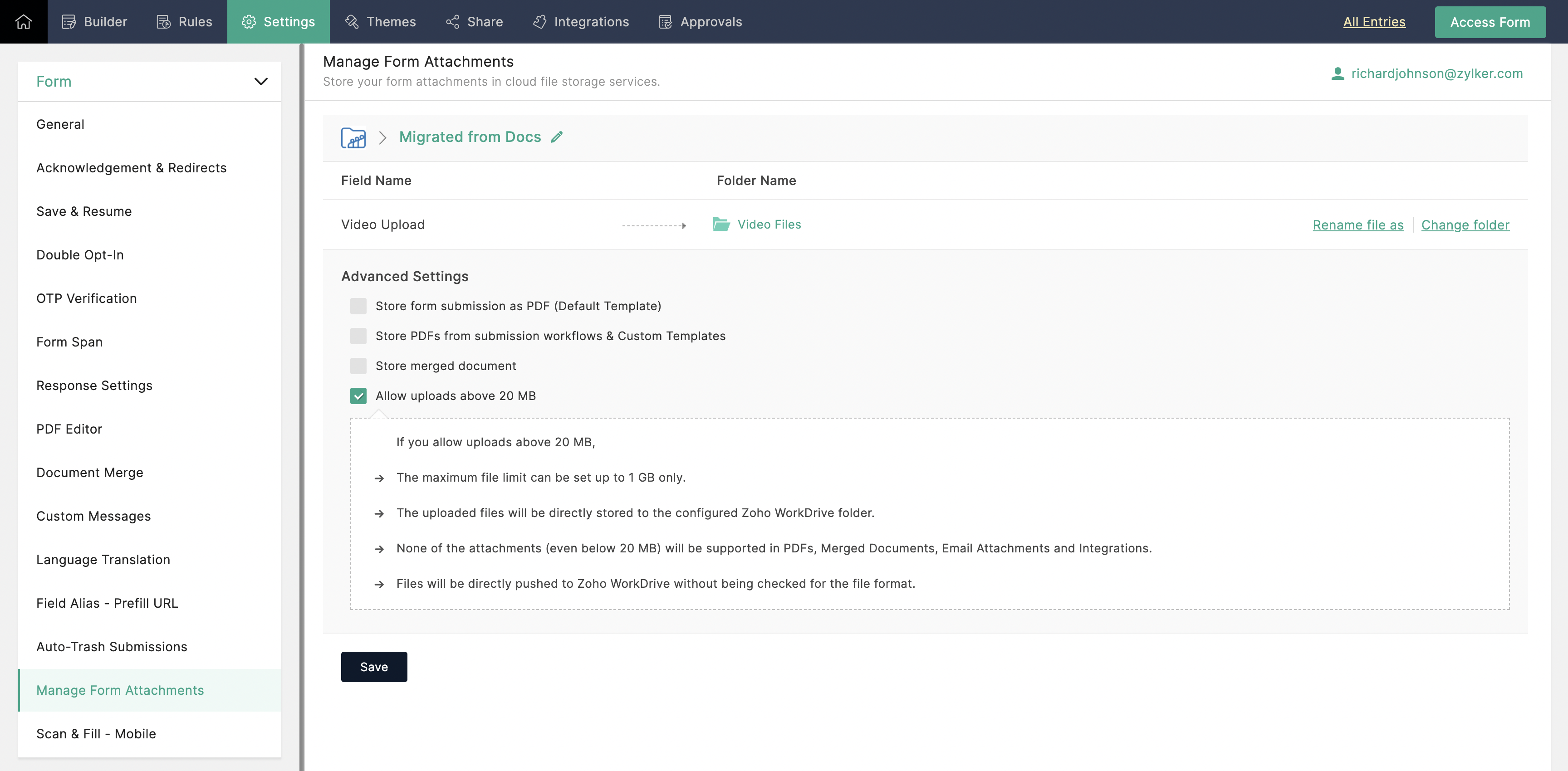 Store files above 20 MB in Zoho WorkDrive