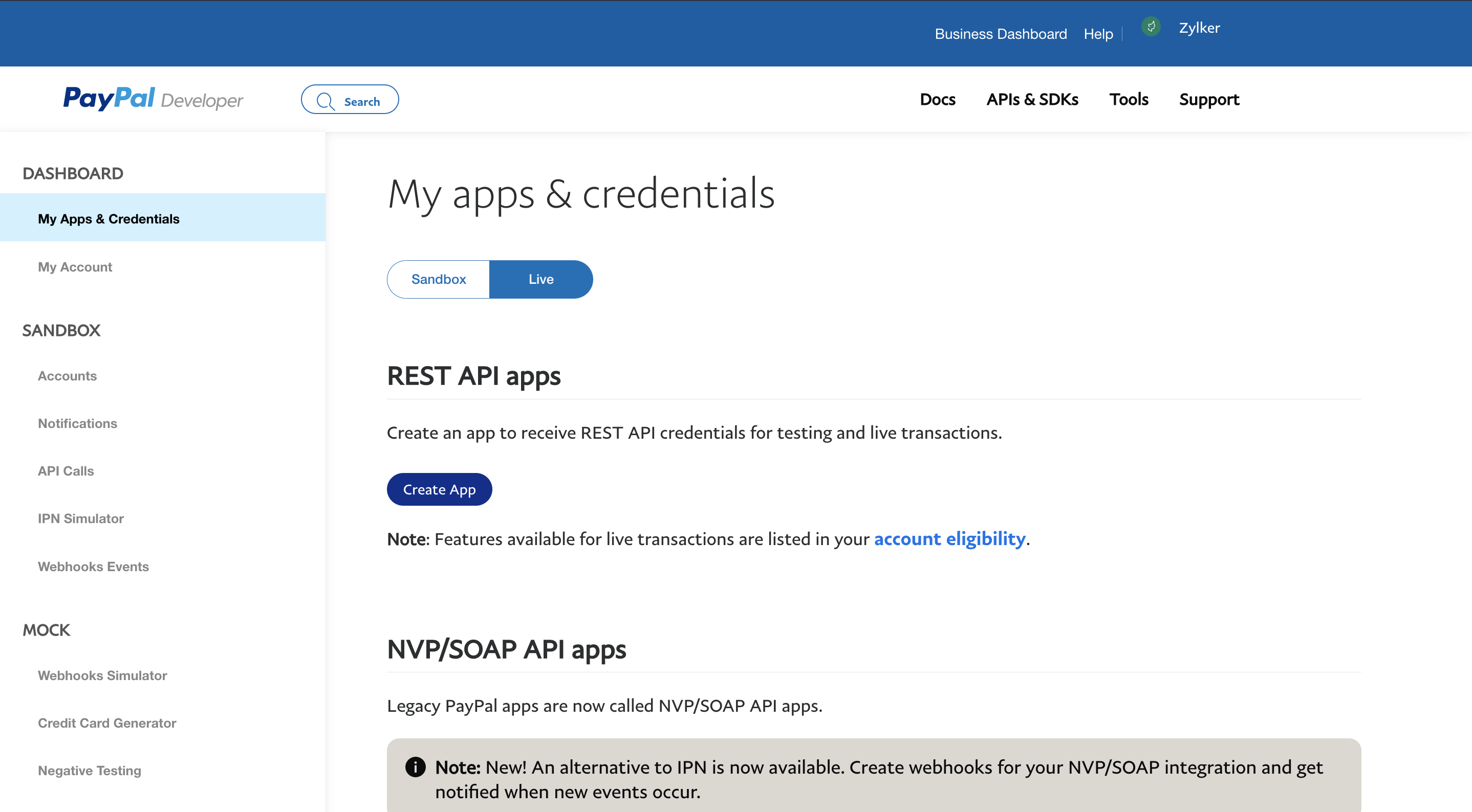PayPal Developer - API apps list
