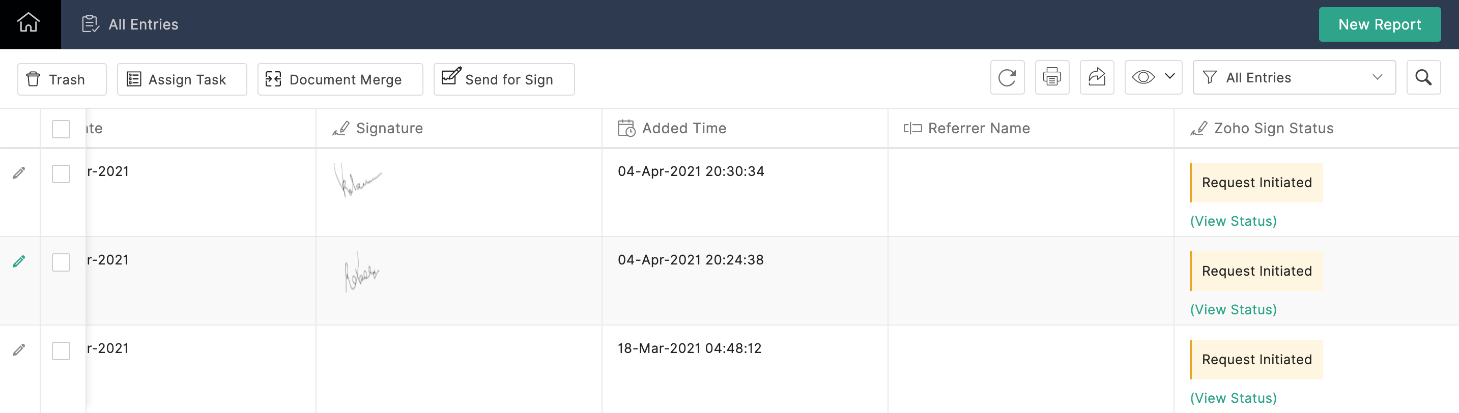 Viewing Signature Status in Zoho Forms - Zoho Sign integration