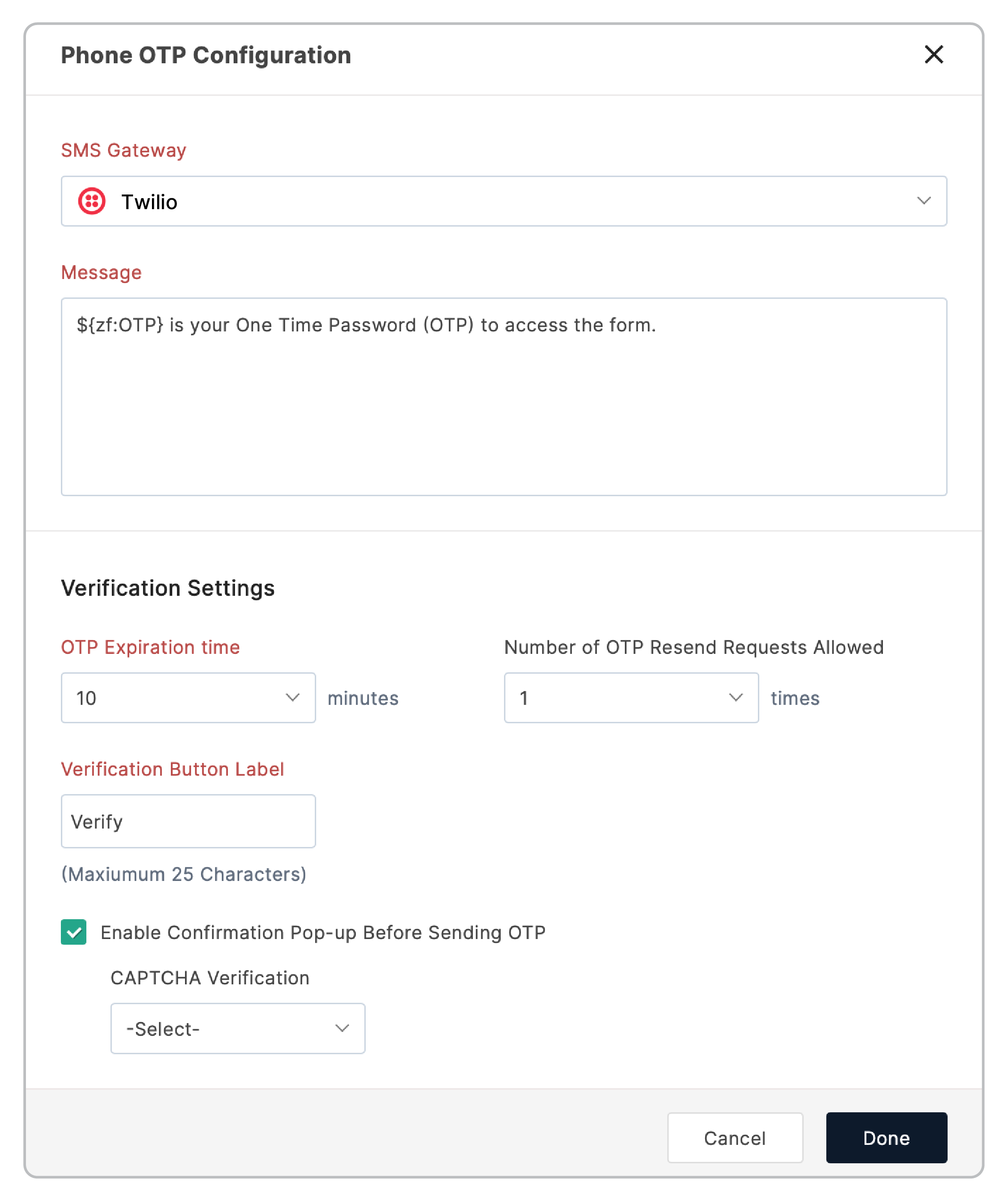 SMS OTP Configuration