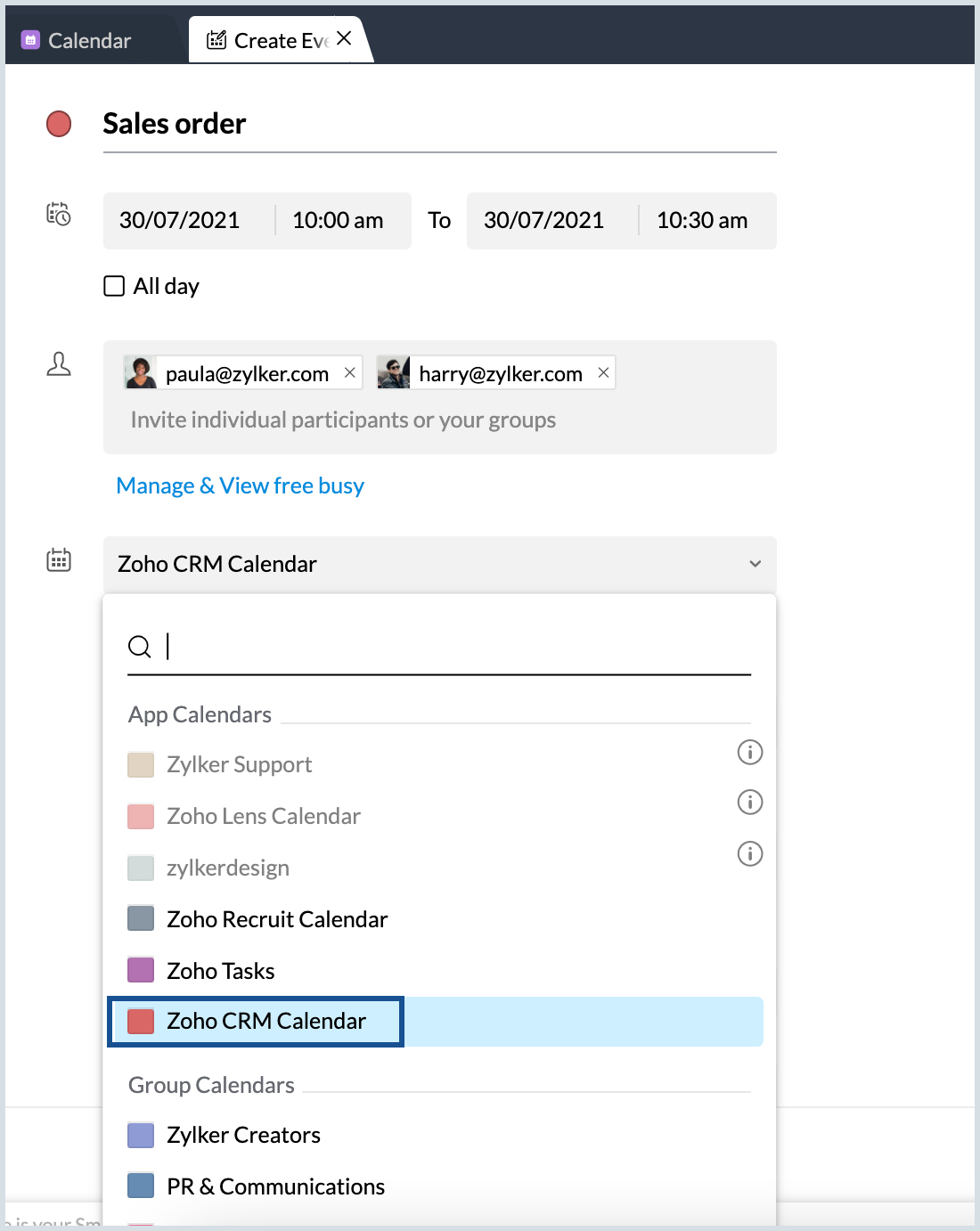 Syncing Zoho CRM events with Zoho Calendar