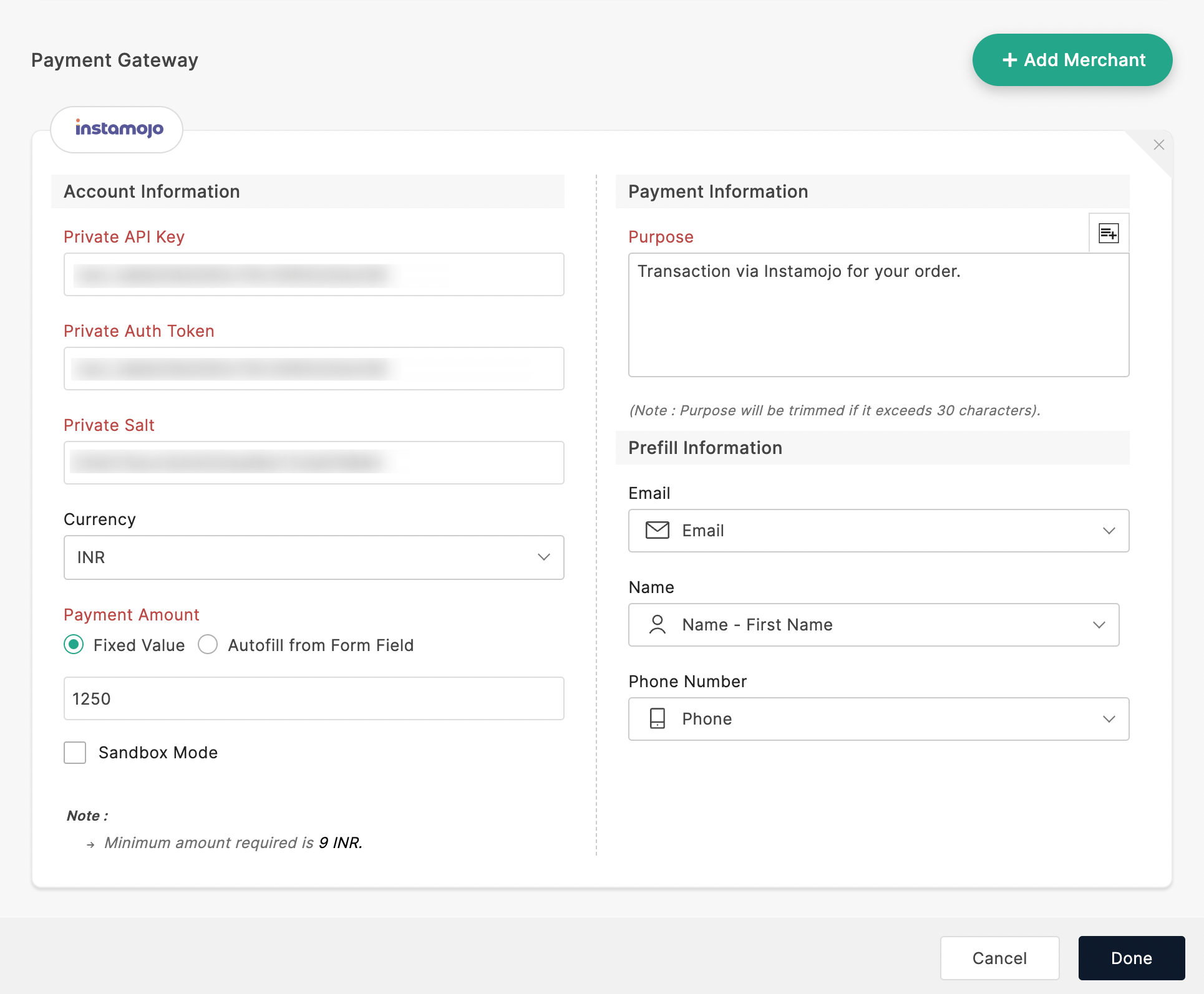 Instamojo payment gateway configuration