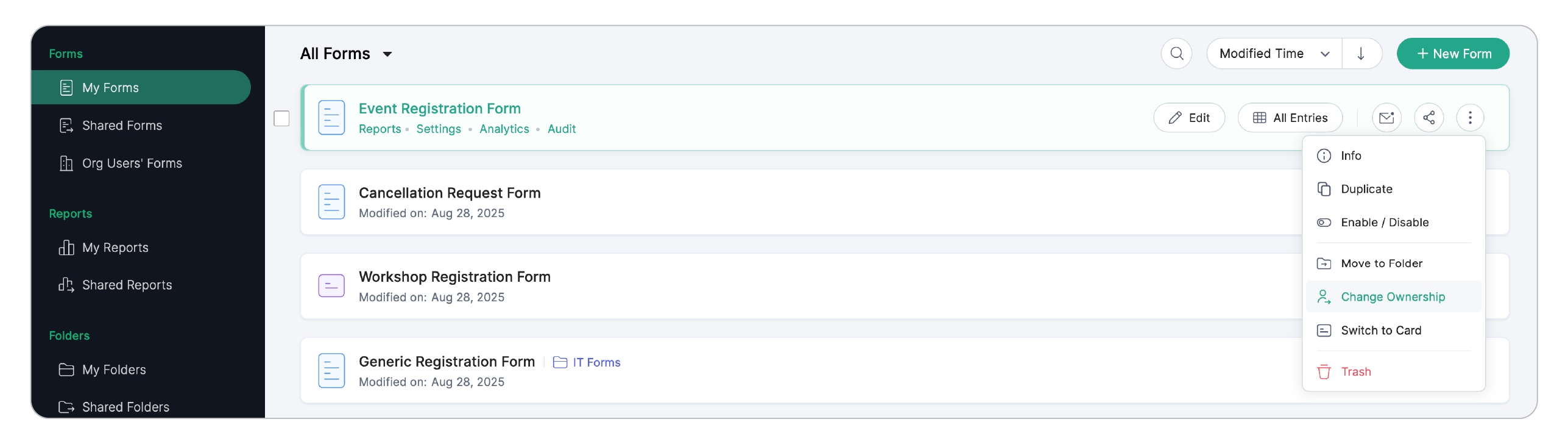 Change ownership of the form