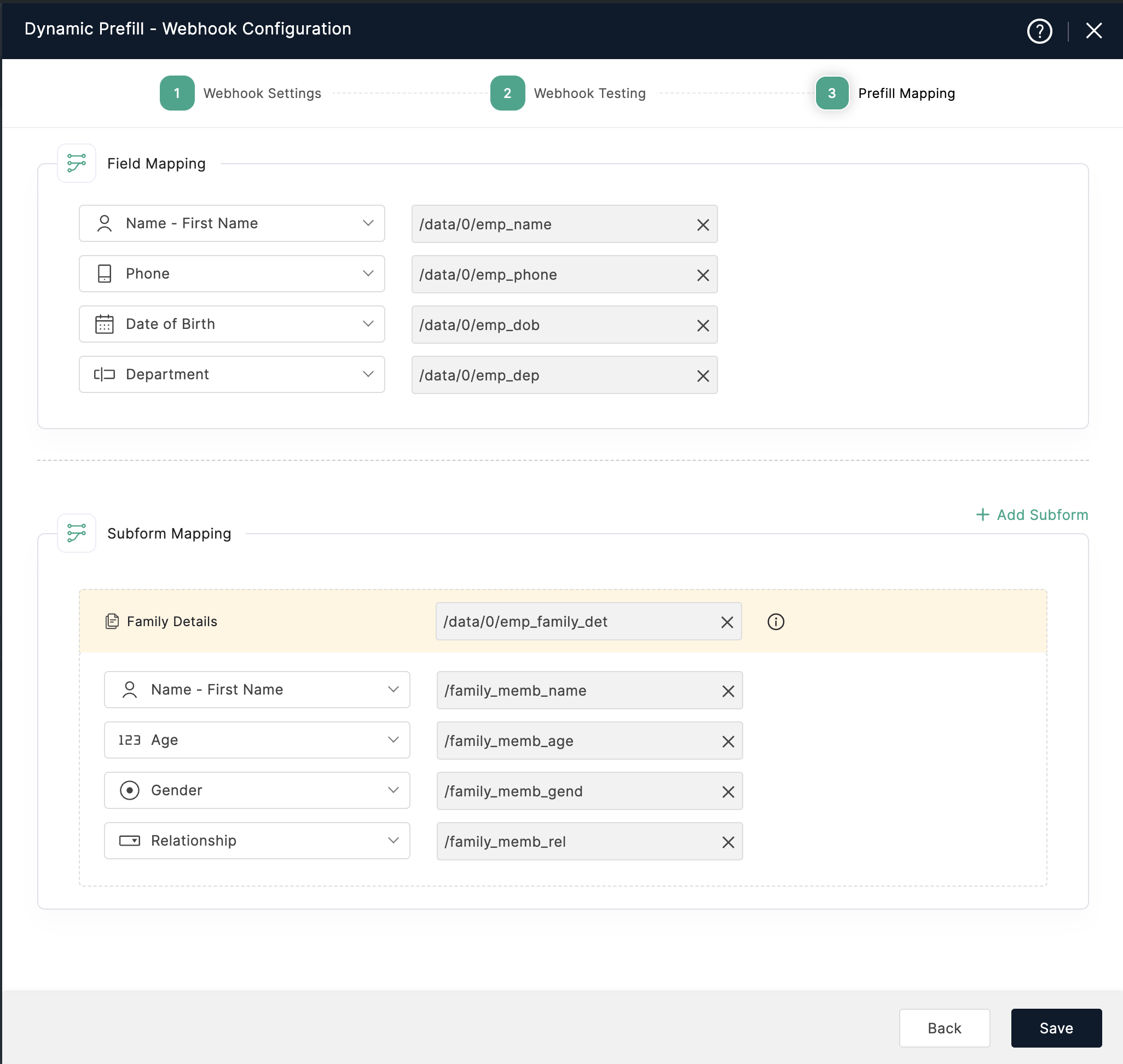 Mapped form fields and subform fields