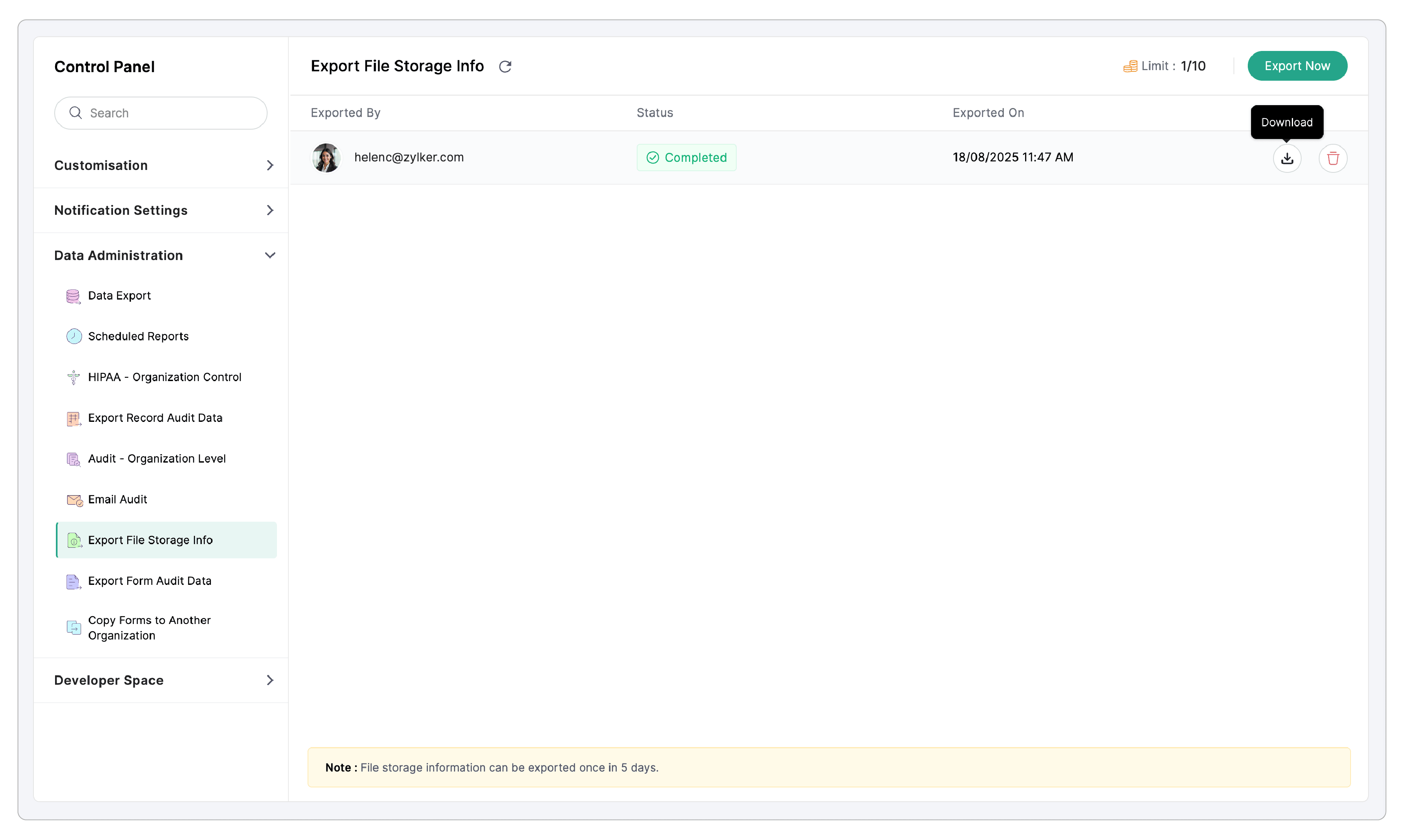 Download file storage info
