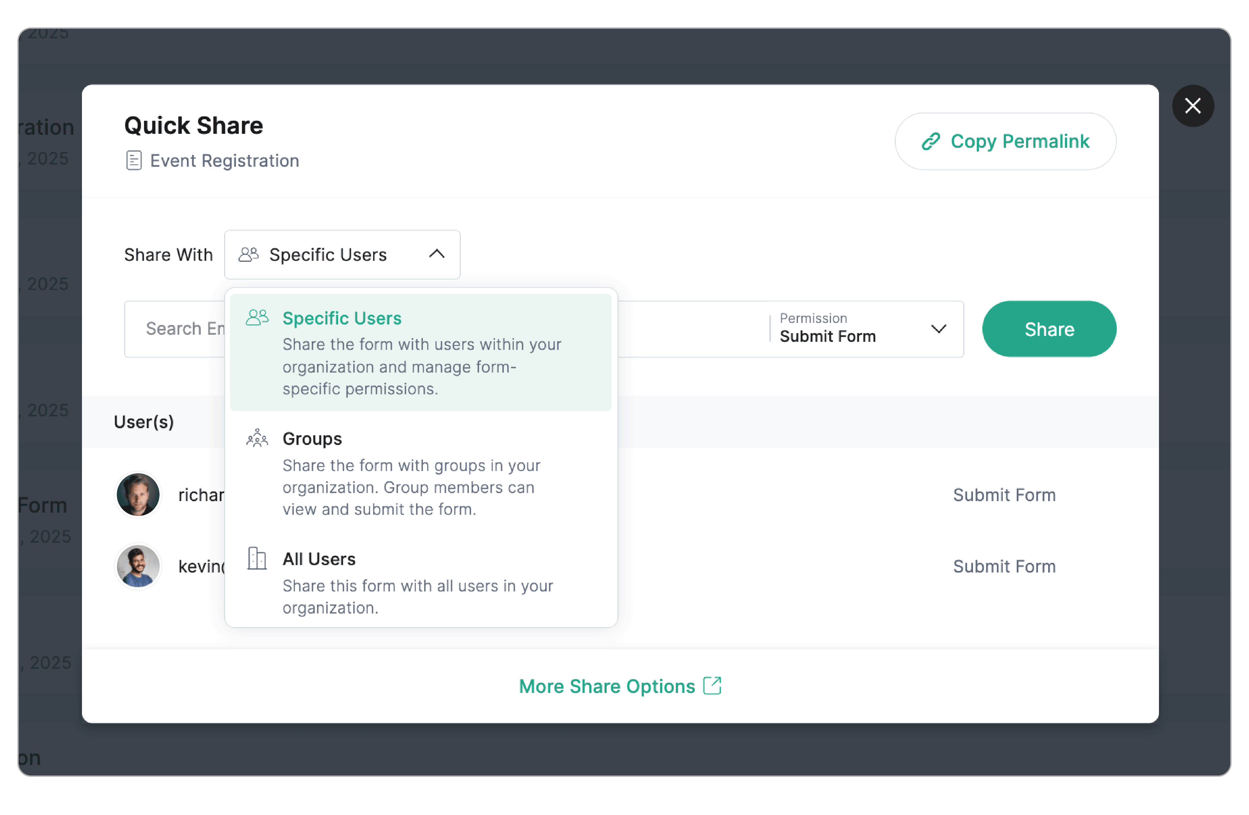Share with specific users, groups, or all users