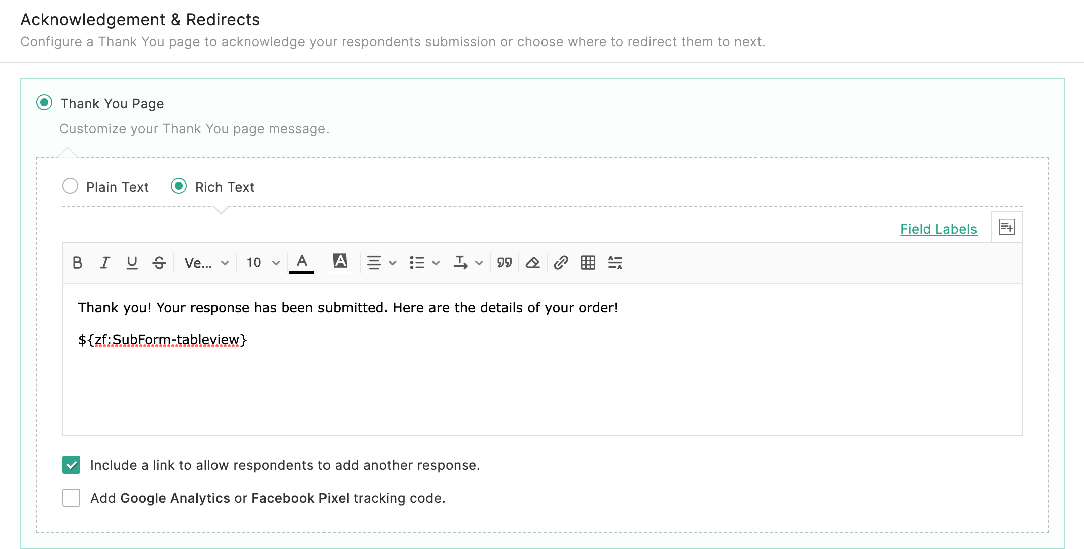 Include Subform responses in Thank You page