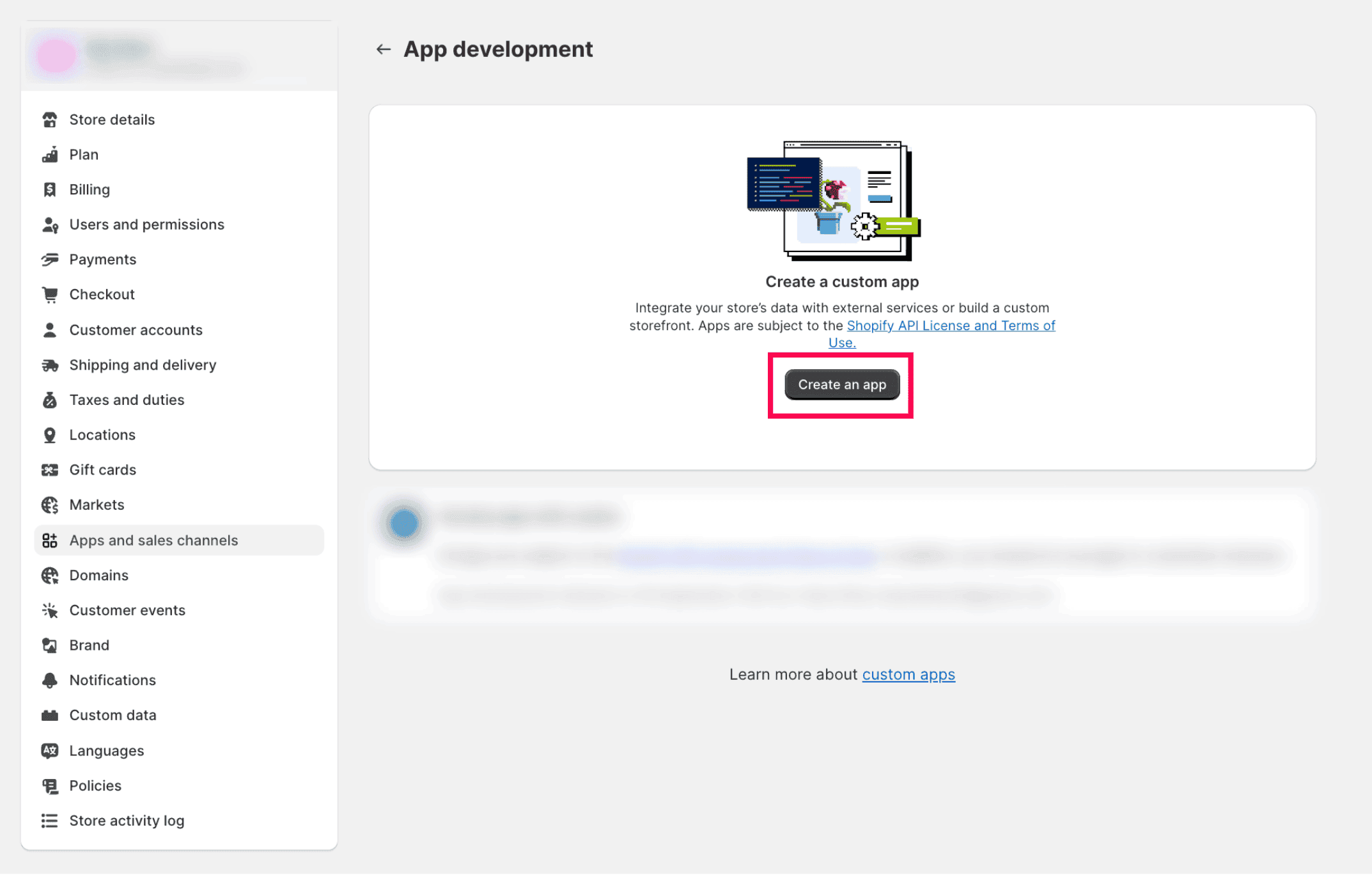 App development section in Shopify