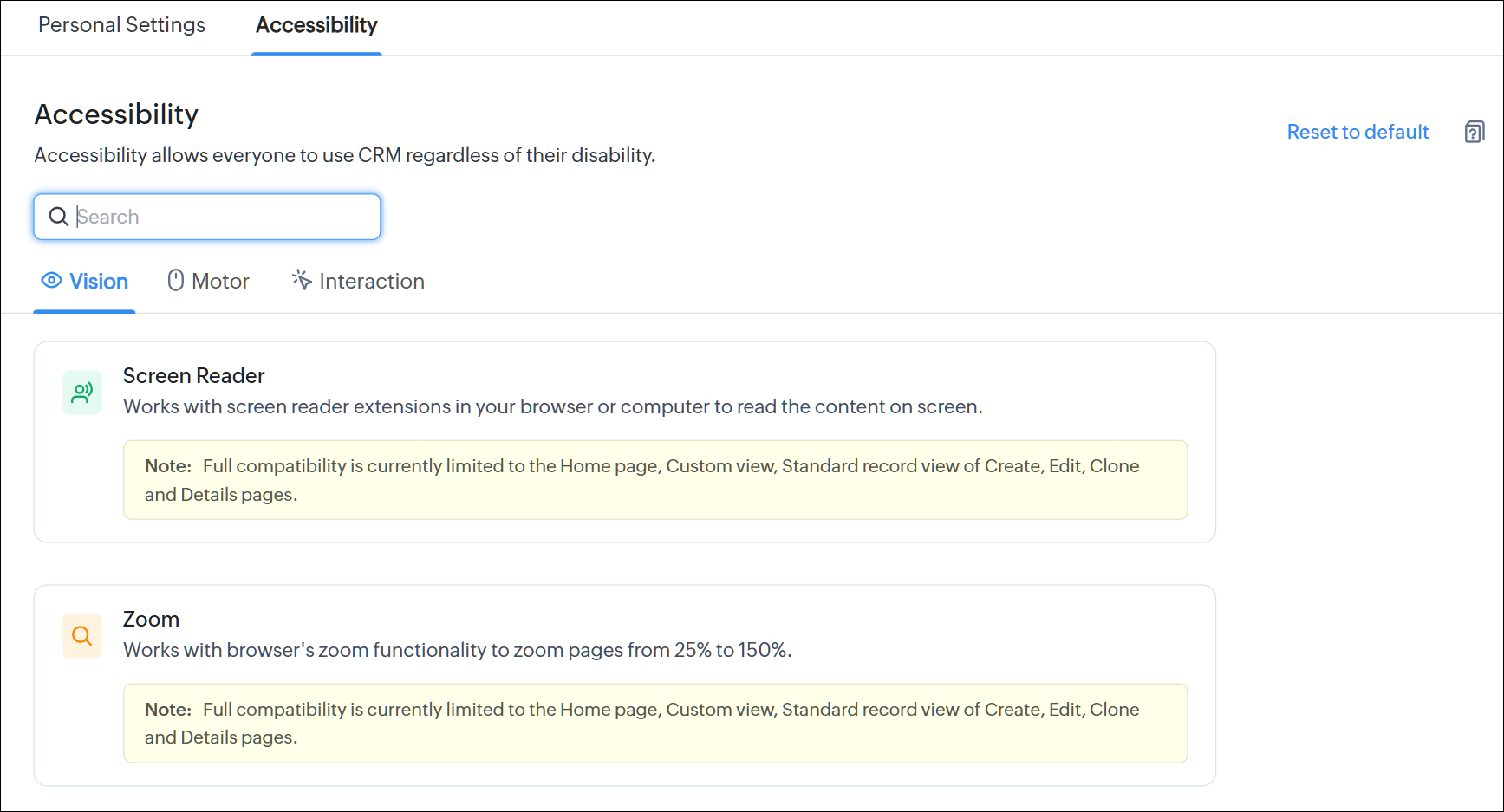 The Accessibility tab is selected. The three categories of controls (Vision, Motor, and Interaction) are displayed, along with a search box above them.