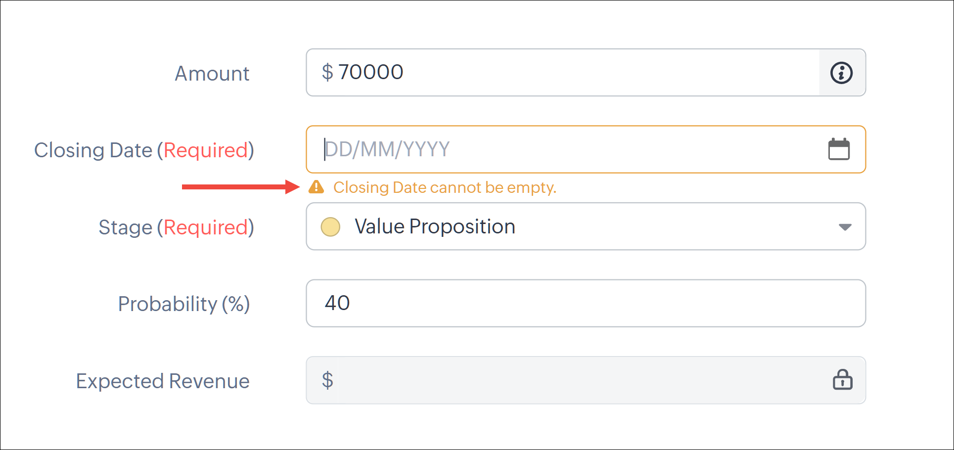 The closing date field is not filled. An error message is displayed below it with an error icon and in an accessible color.