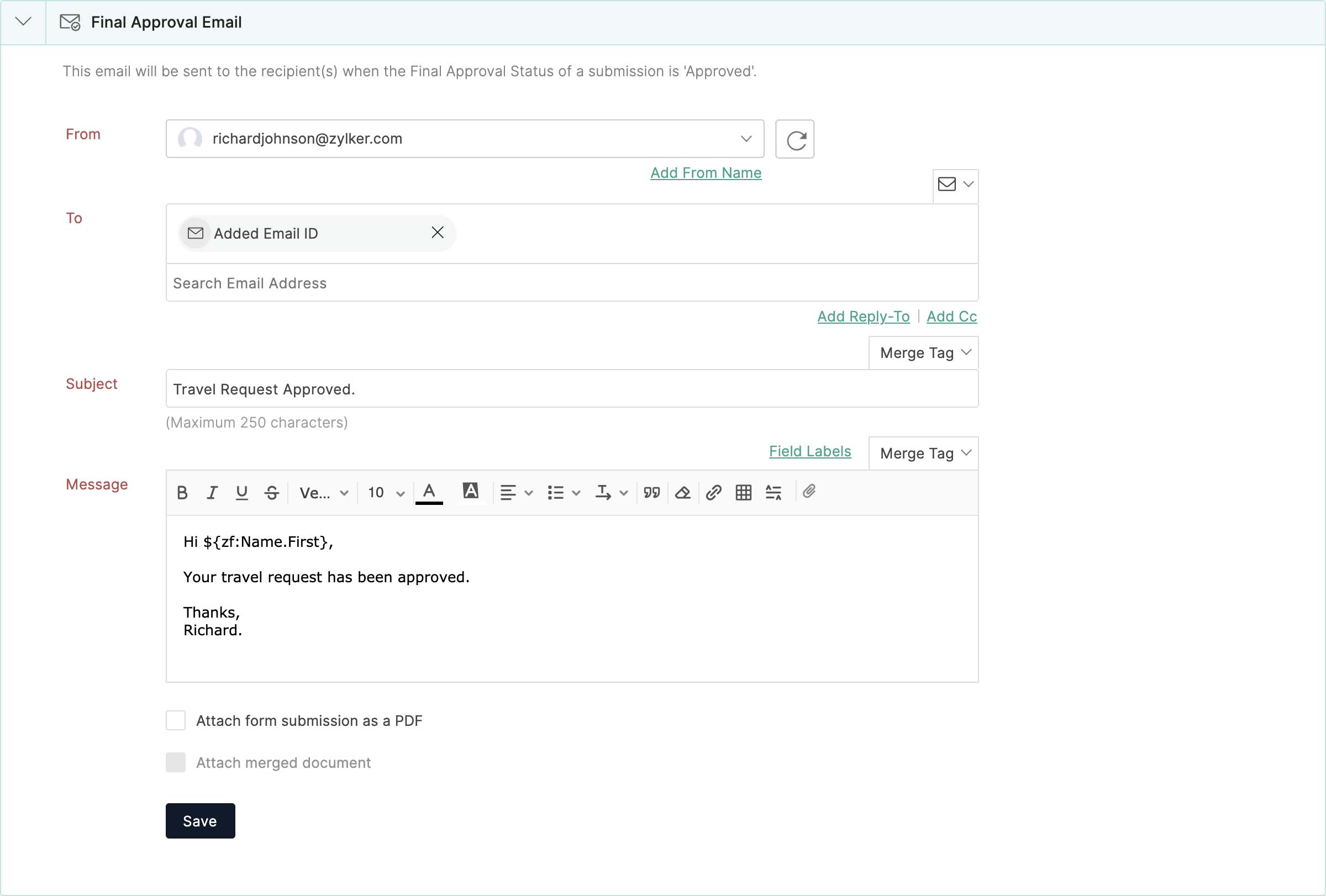 Final Approval Email configuration