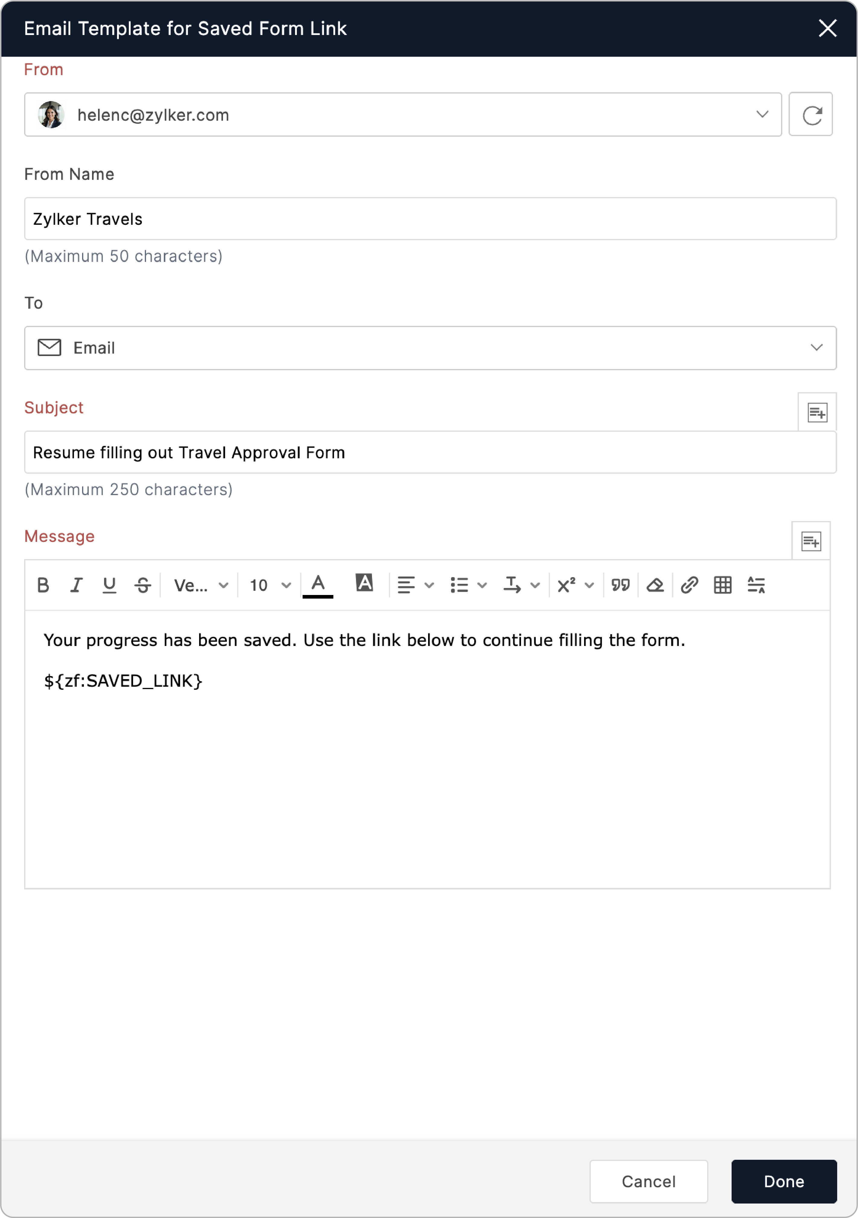 Email Template for Saved form link