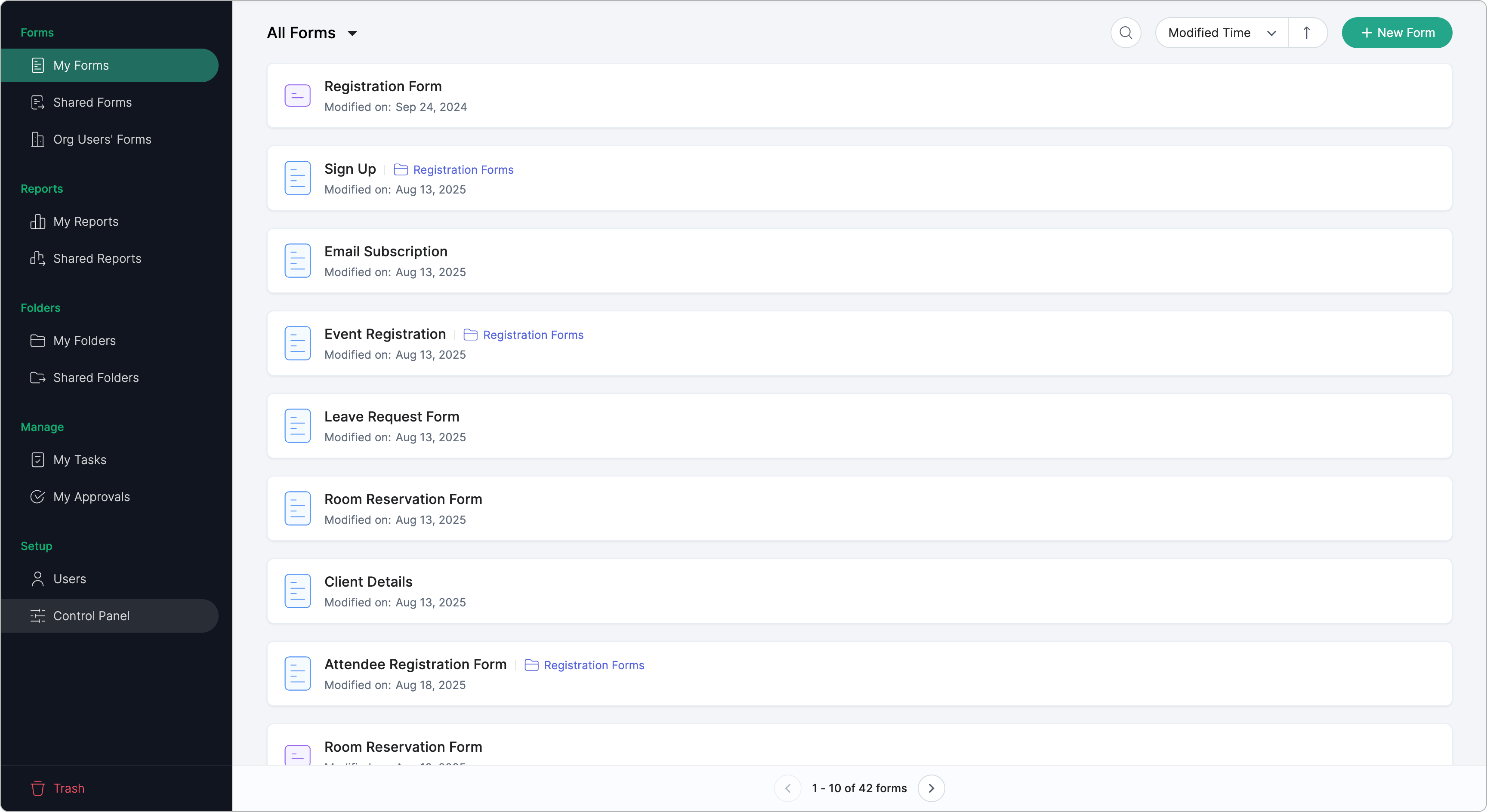 Forms listing page