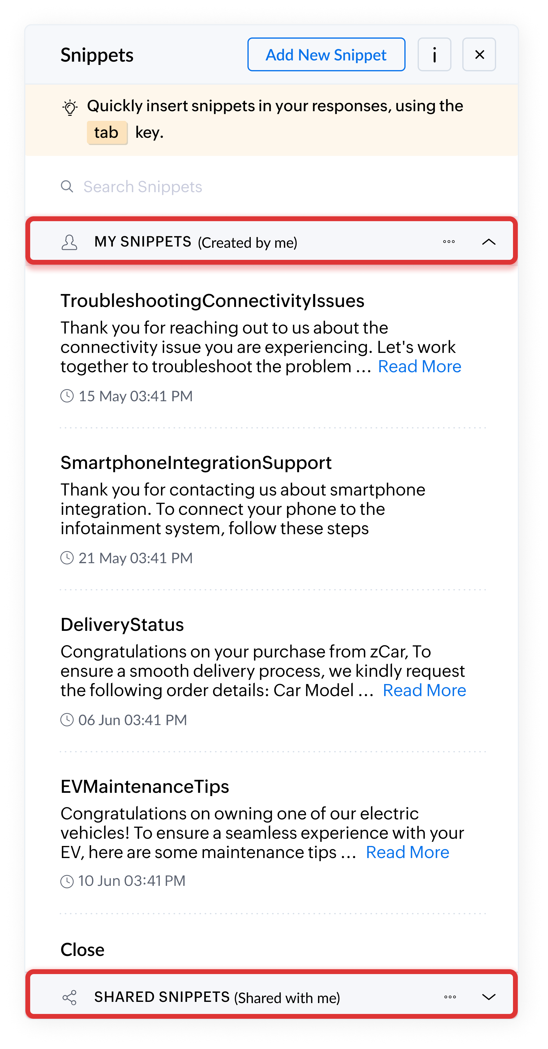 Creating and Using Snippets in Ticket Responses - Online Help | Zoho Desk