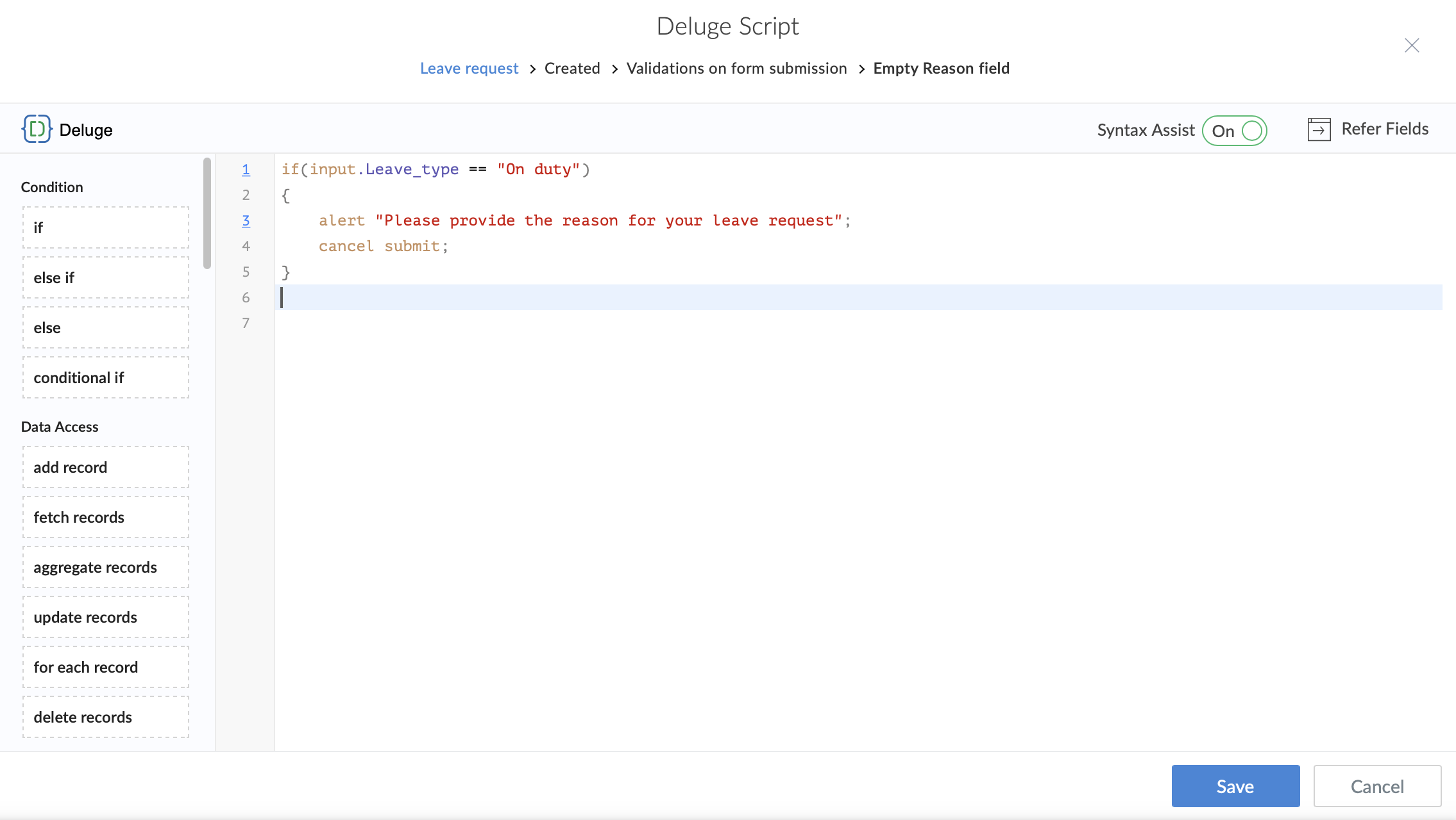 Configure Deluge Script On Validate In Form Workflows | Zoho Creator Help