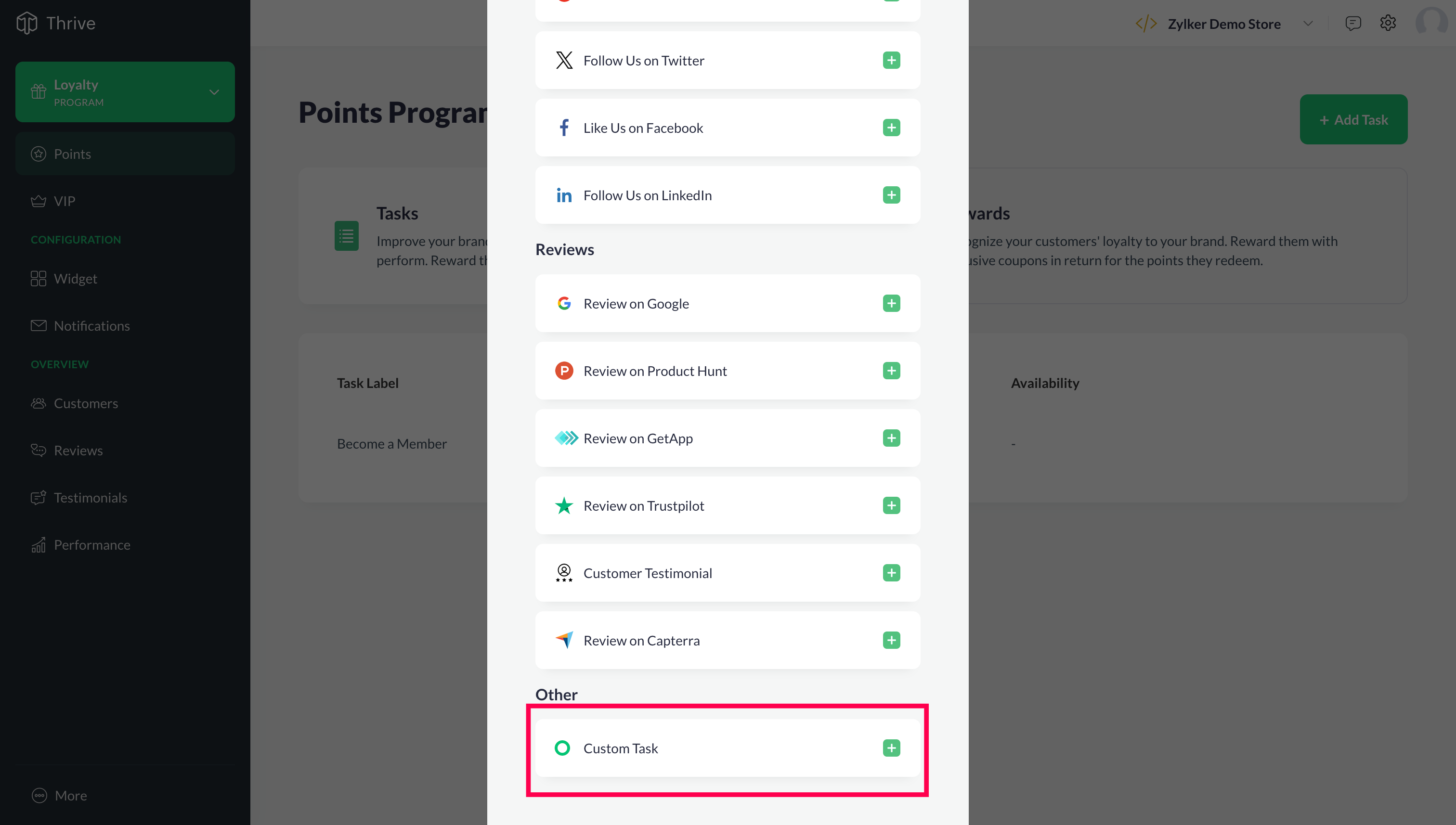 Thrive - Custom task in loyalty program
