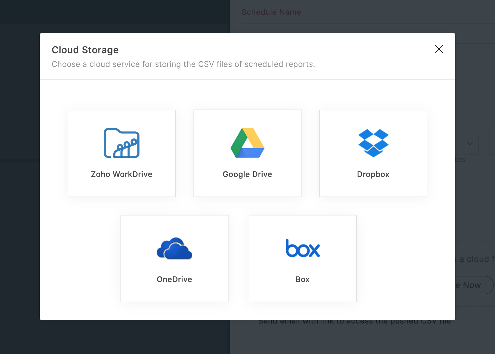 Choose a cloud service to store the CSV file of scheduled reports