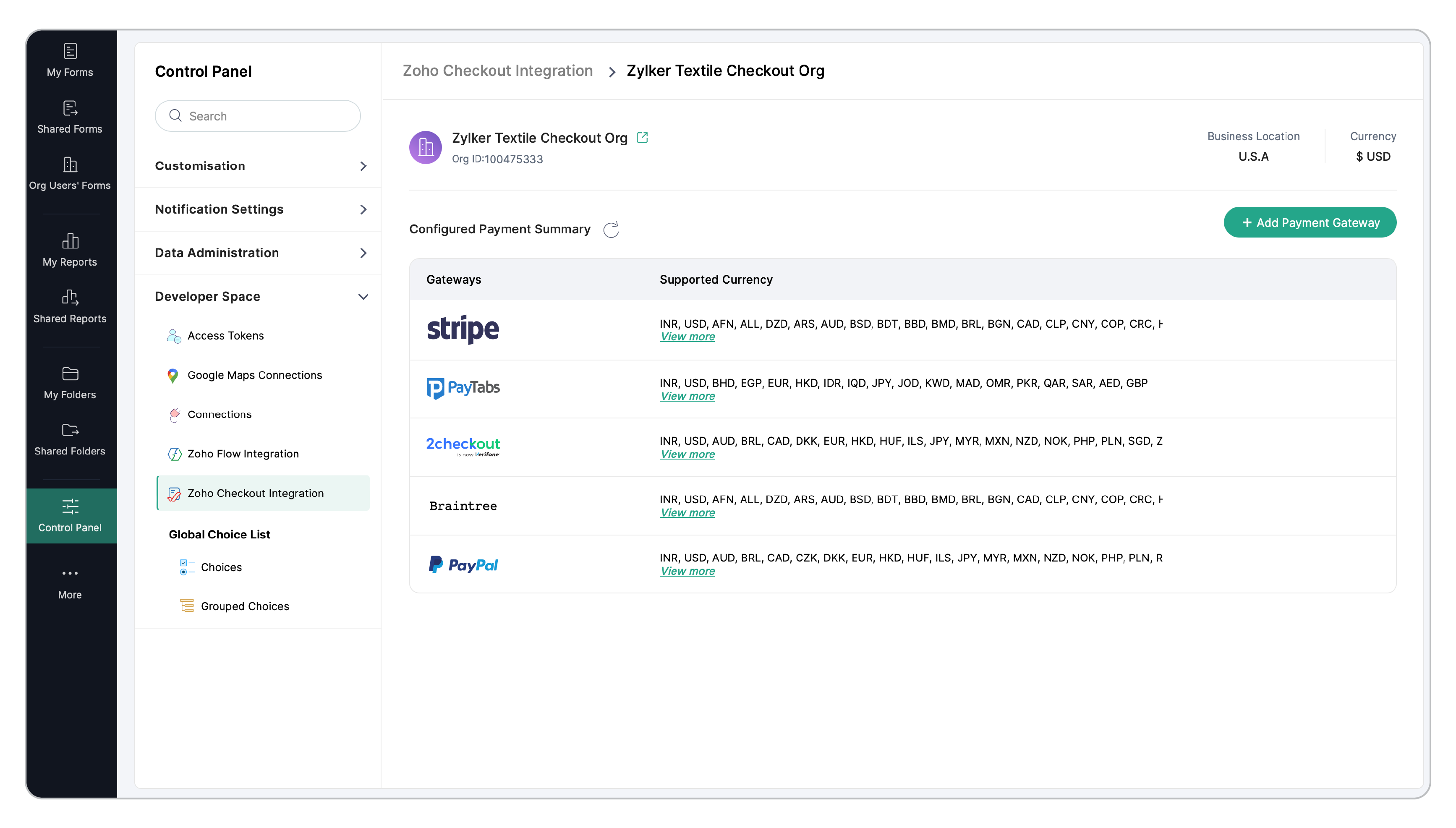 Configured payment gateways