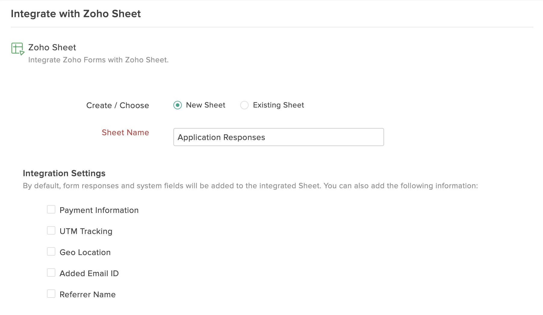 Integration Settings in Zoho Forms - Zoho Sheet Integration
