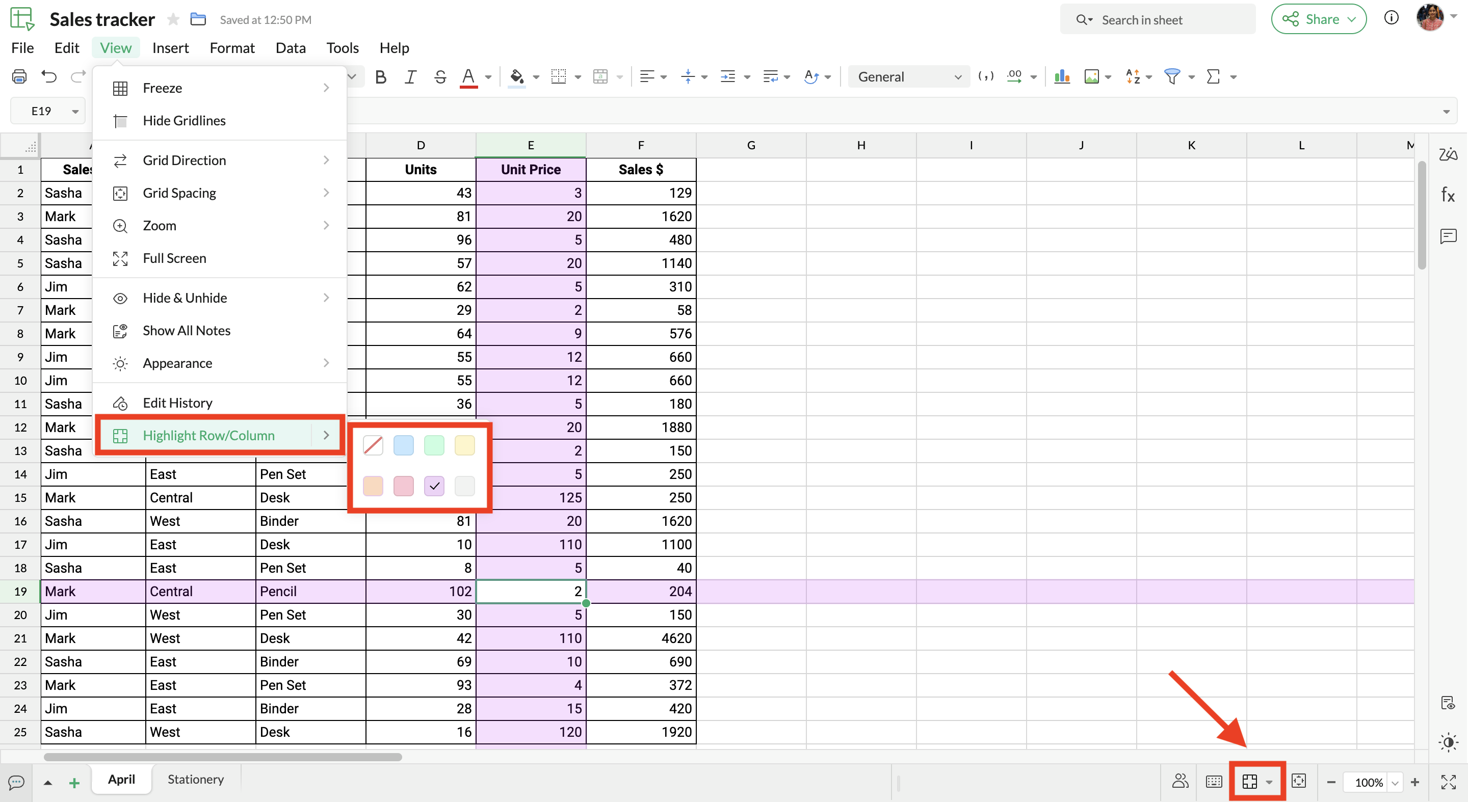 Highlight the current cell s row and column Zoho Sheet Help Guide