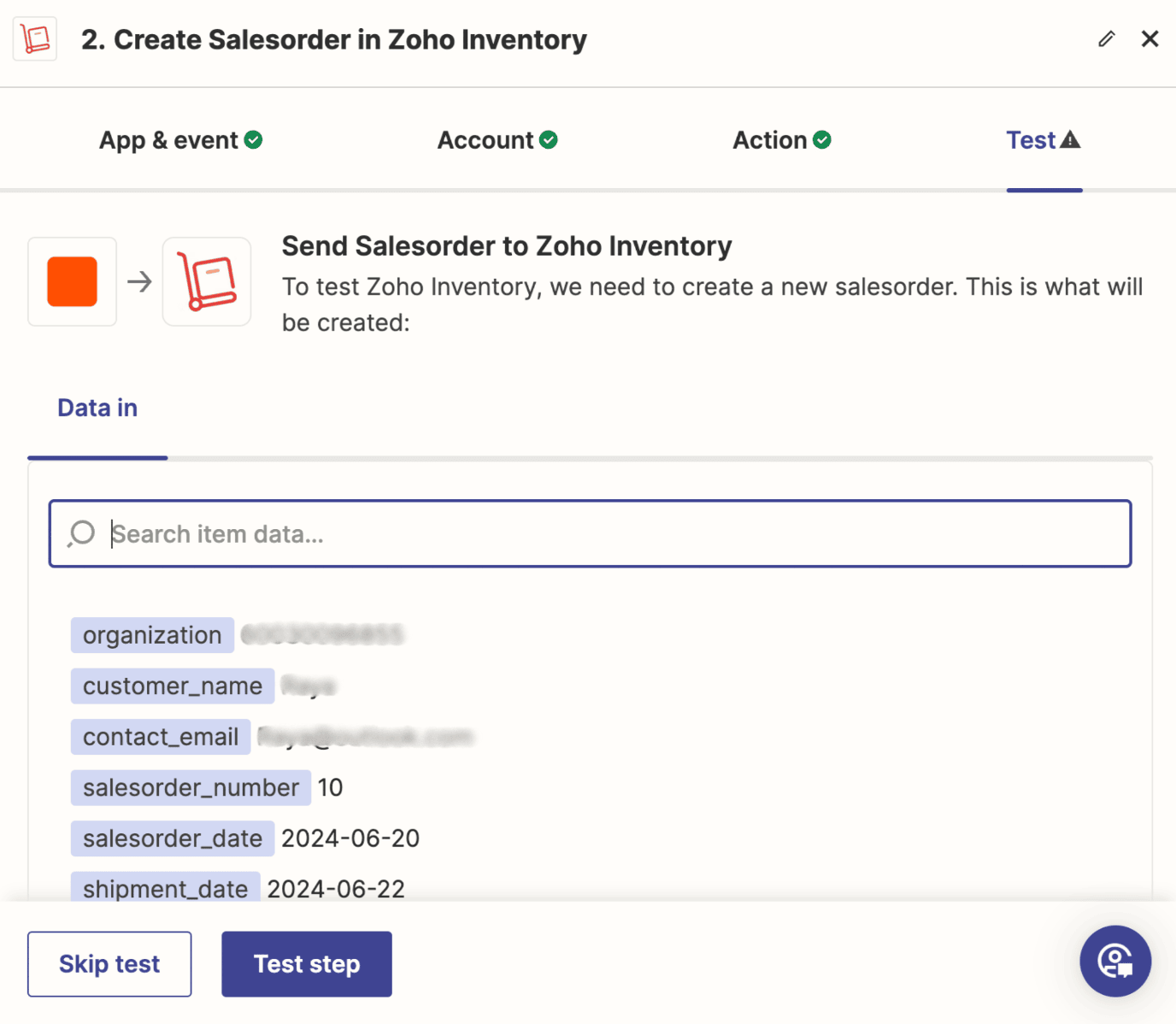 Testing Zoho Inventory configuration