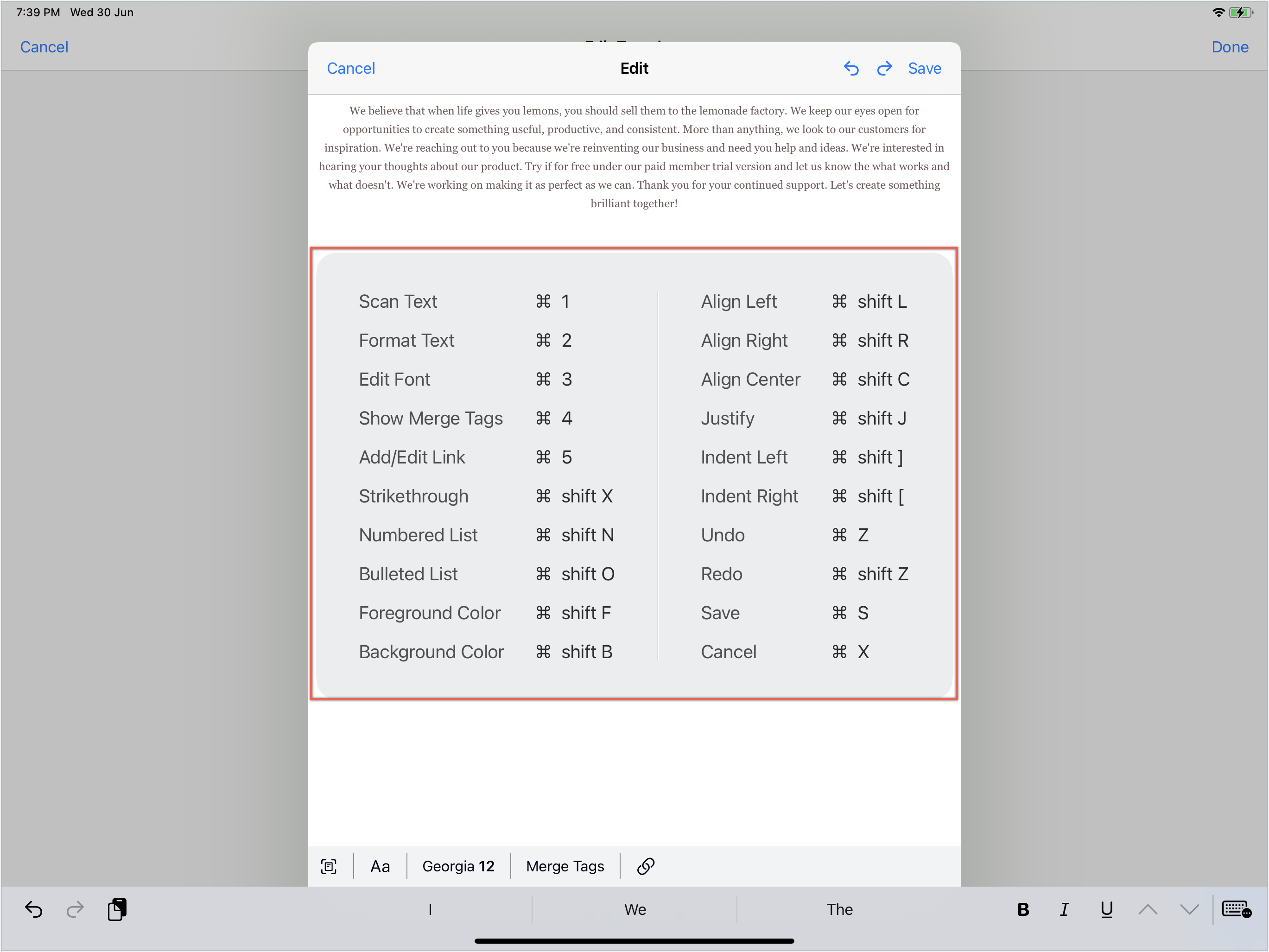 template editor shortcuts