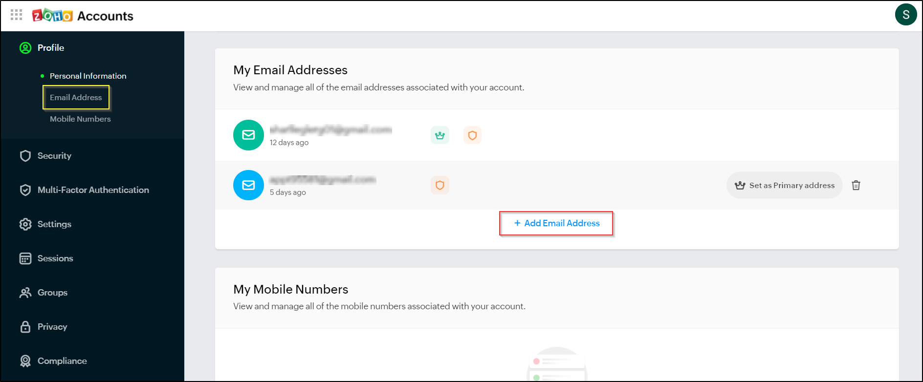 Adding a new email address to Zoho account