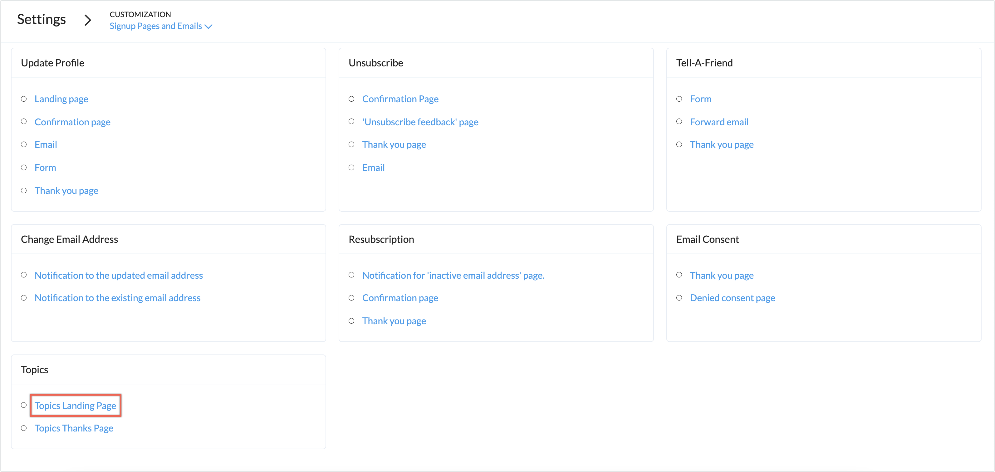 Topics Landing Page