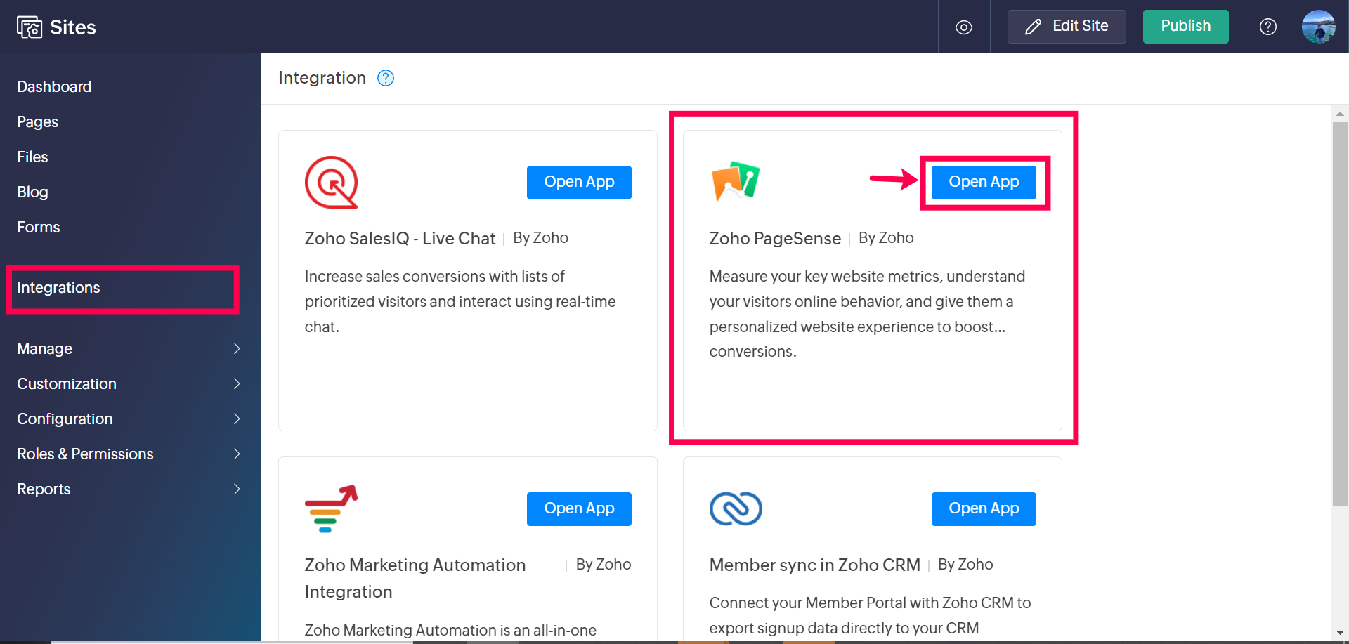 How to install the Zoho PageSense code snippet on Zoho Sites