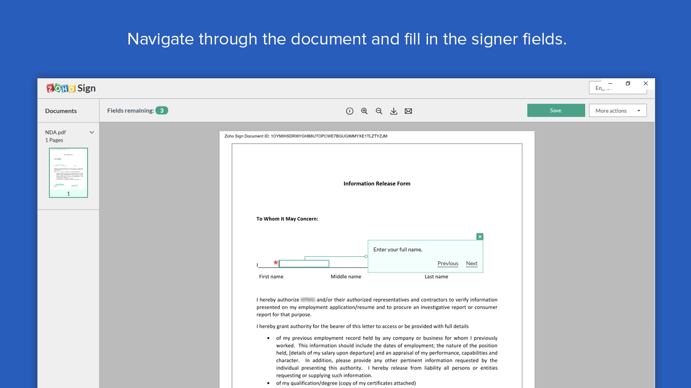Navigate through the document and fill in the signer details.