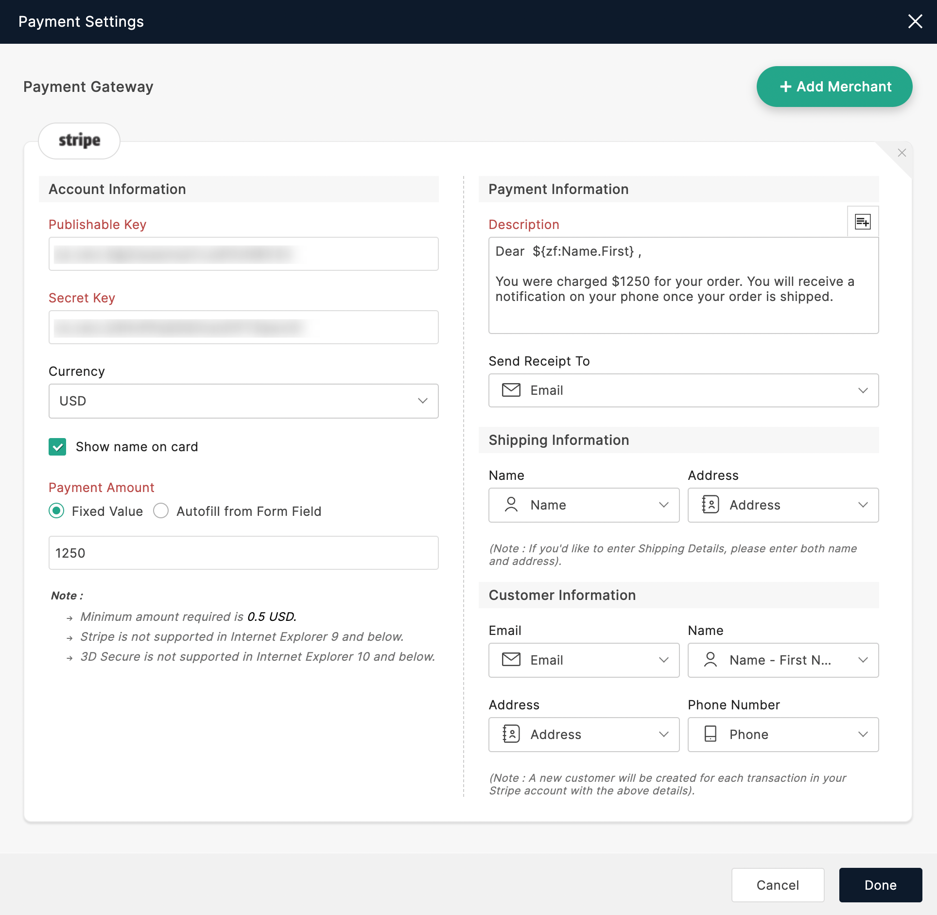 Stripe payment gateway configuration