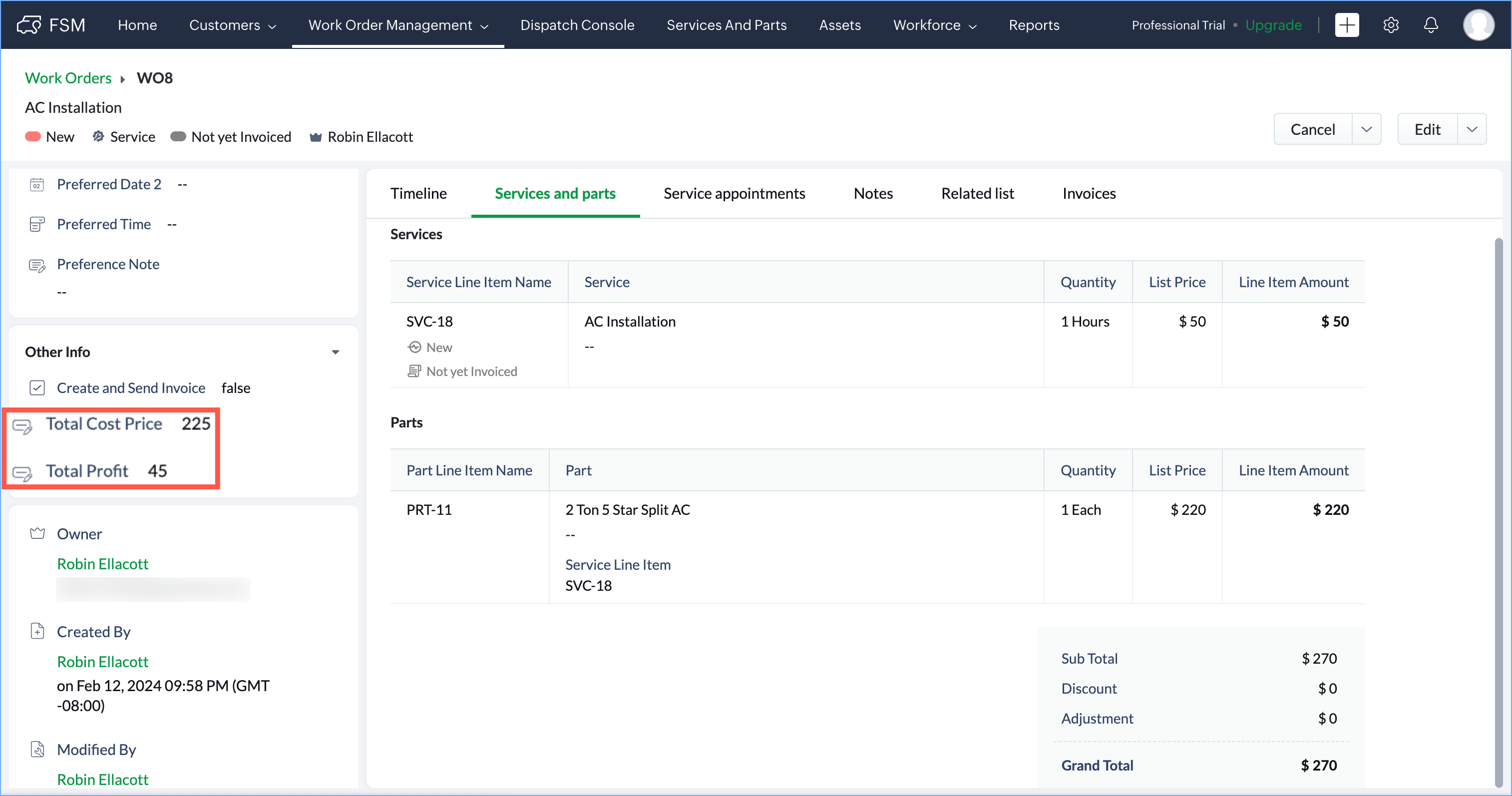 Zoho FSM | Calculate Work Order Profit