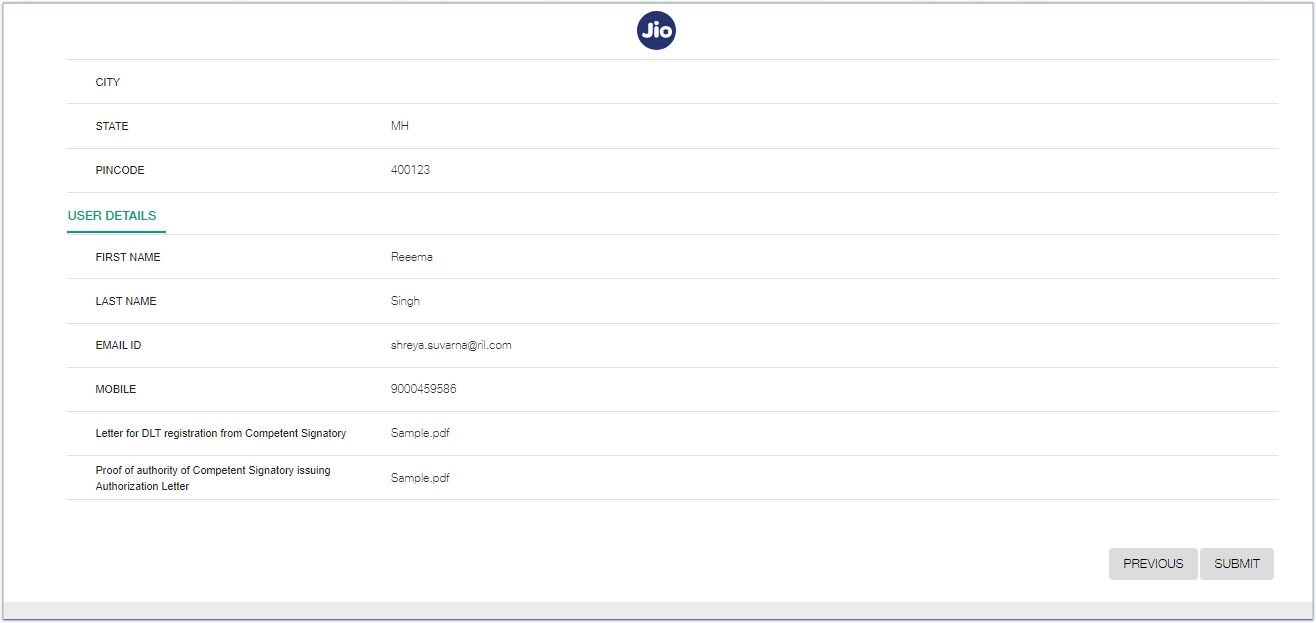 Jio entity verification and submission