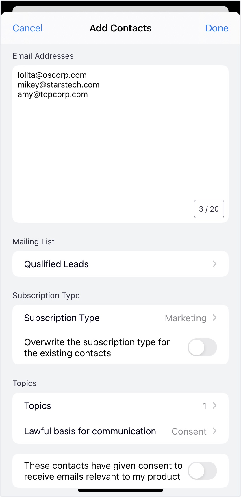 Add contacts page