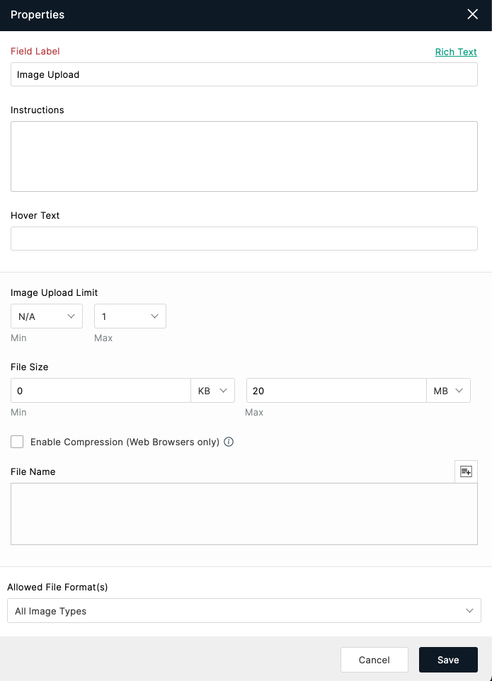 Image Upload Field Properties