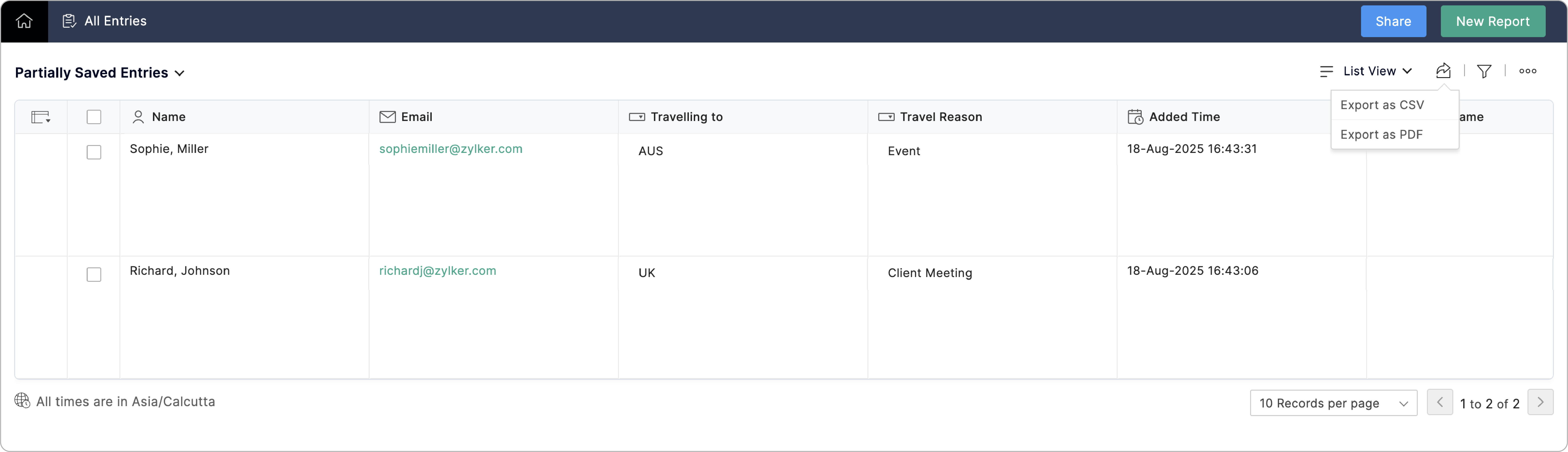Export as CSV or PDF
