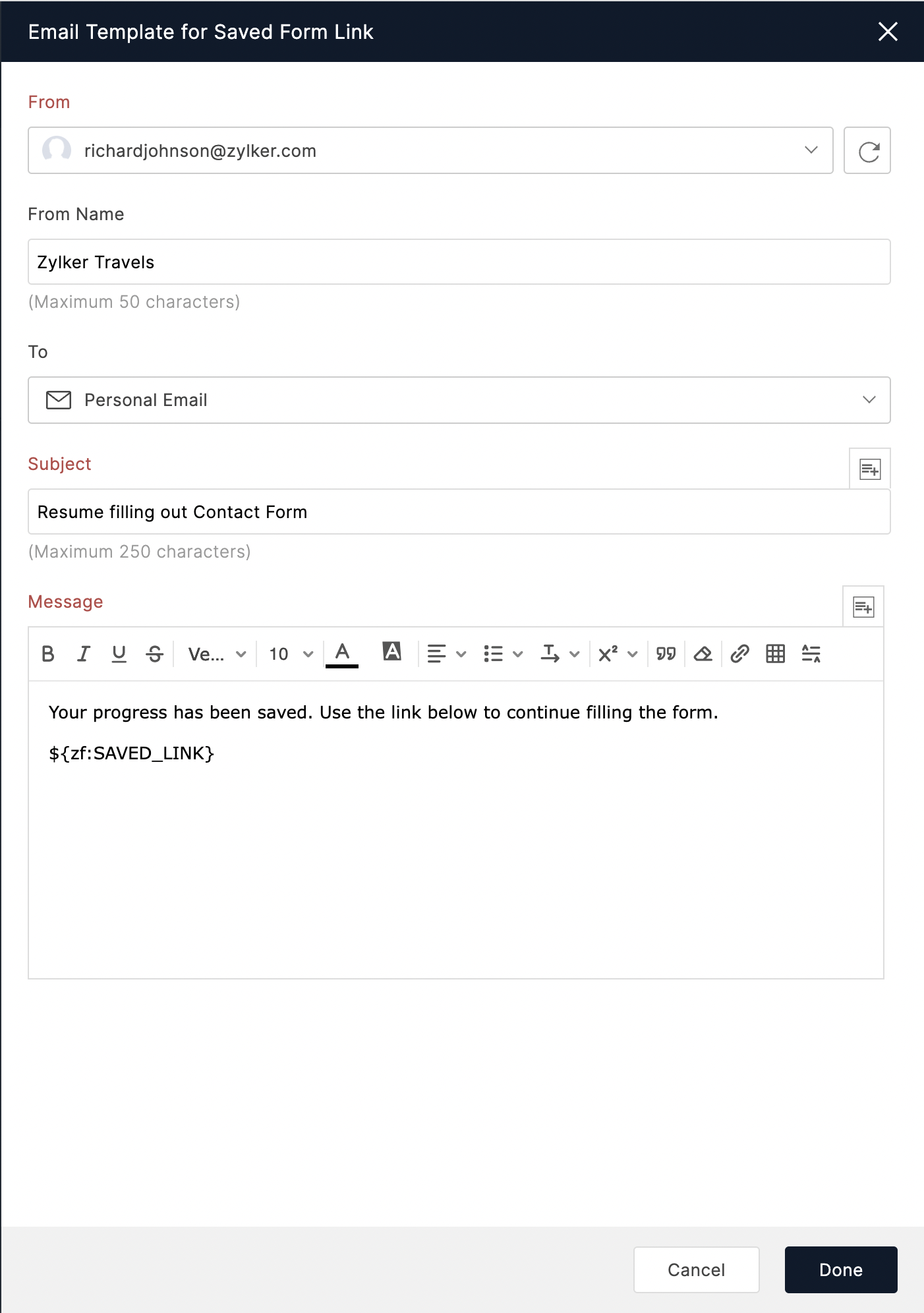 Email template to send saved form link