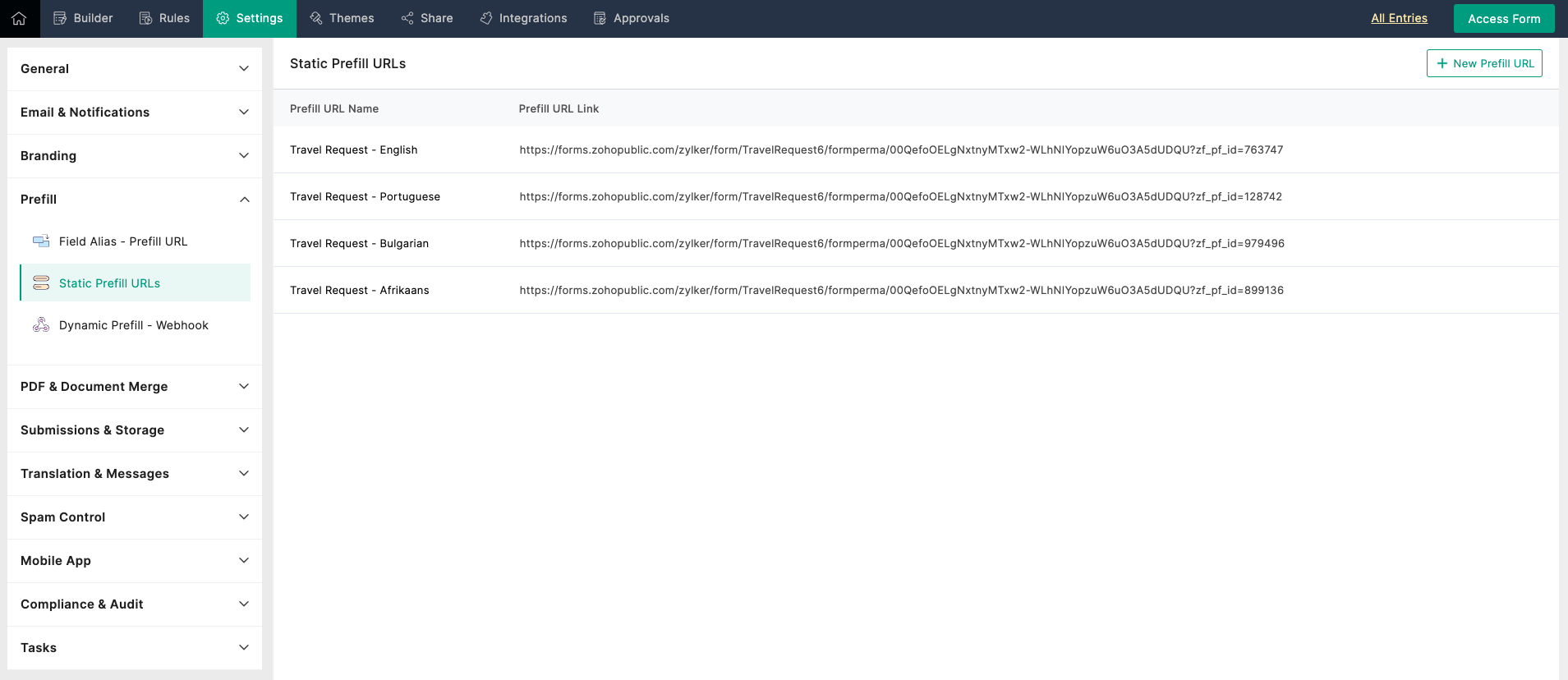 Static Prefill URLs