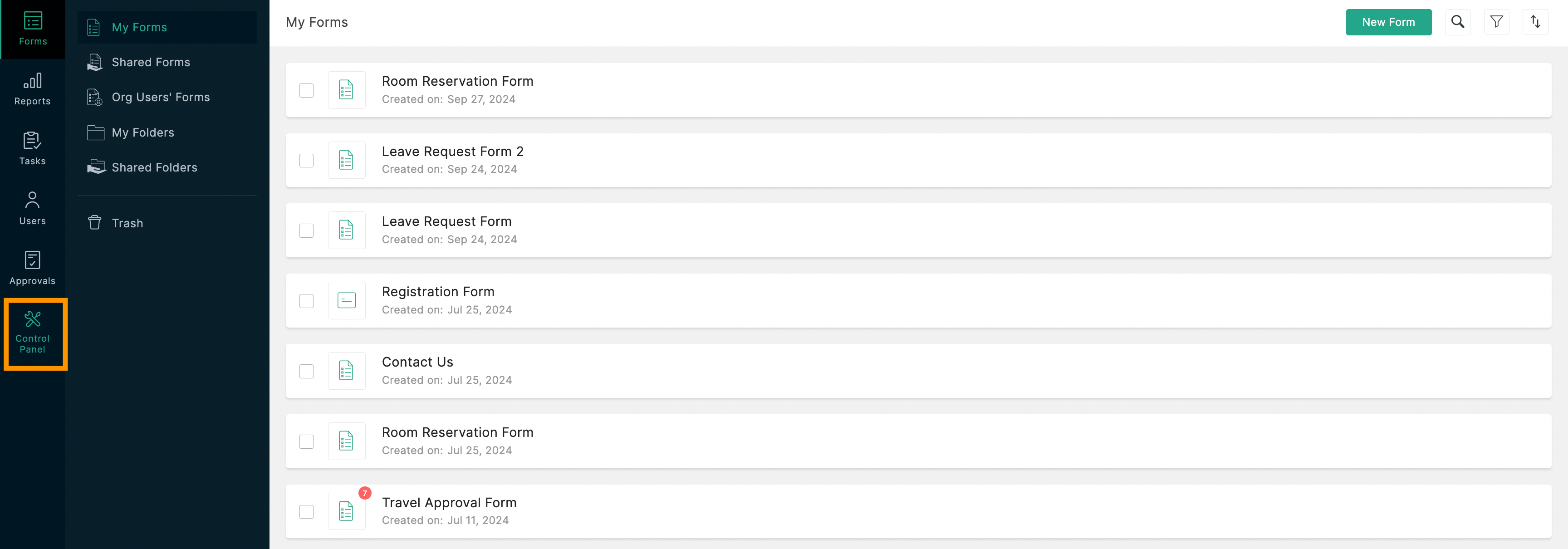 Forms listing page