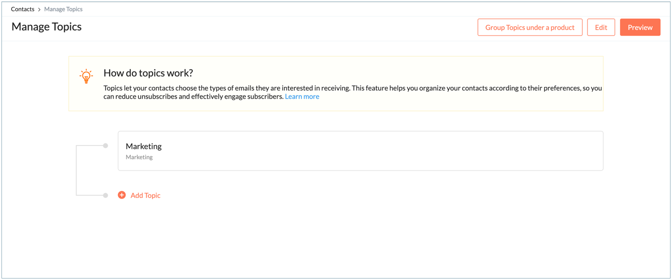 manage topics landing page