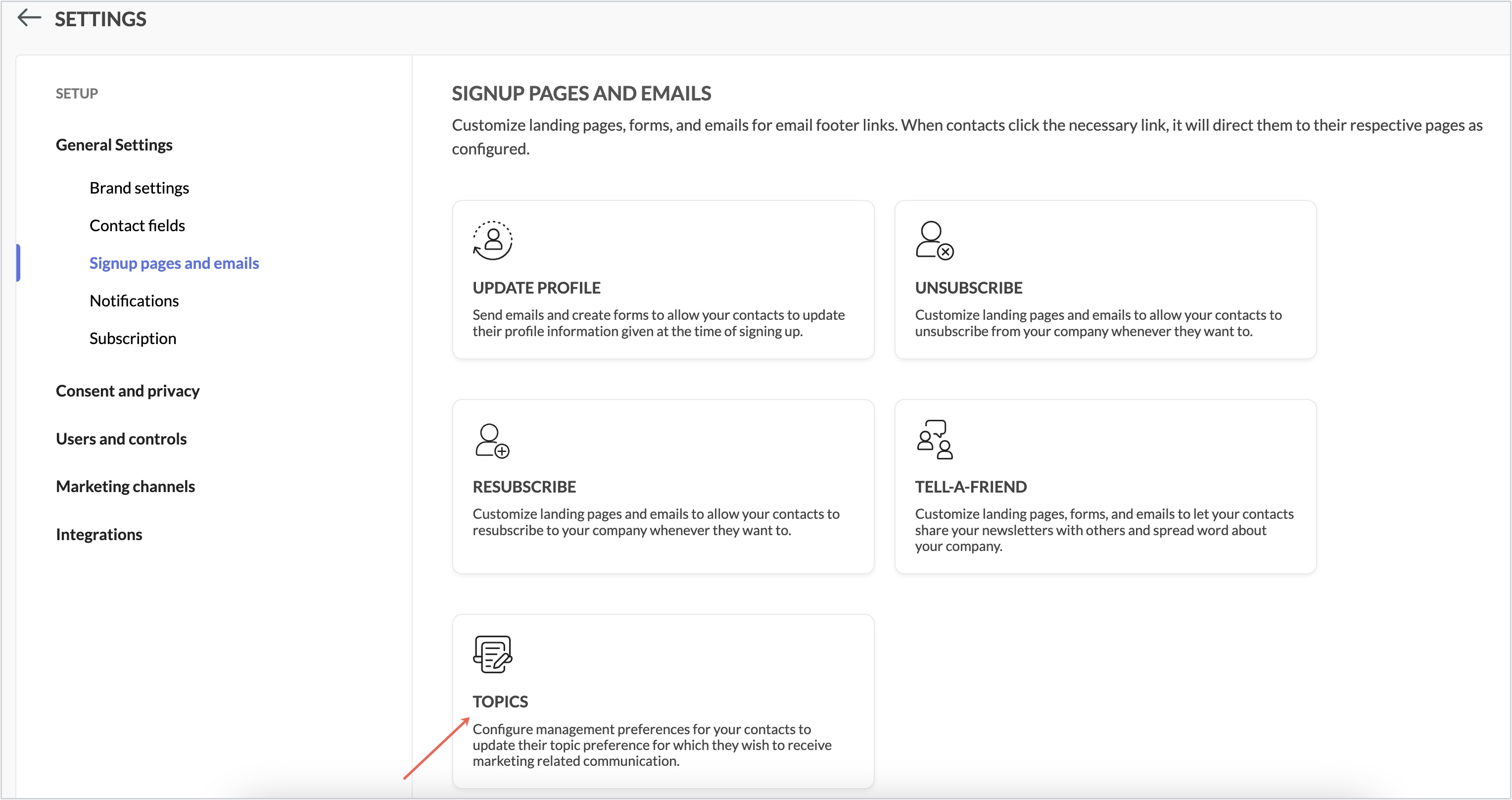 Signup pages and emails - Topics