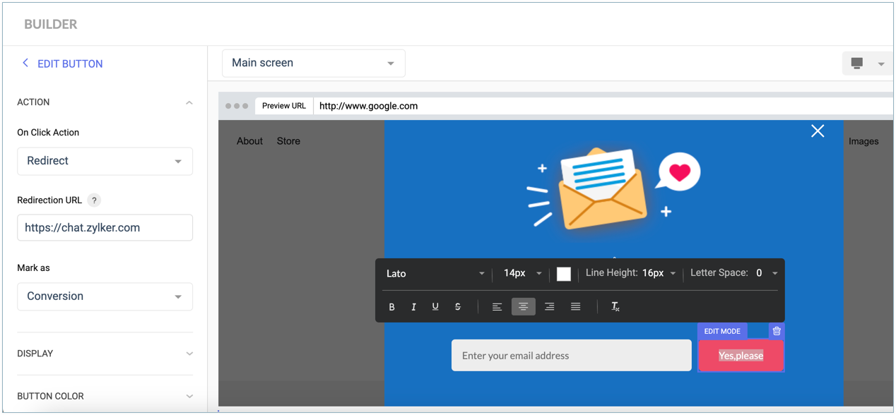 signup popup editor - button action