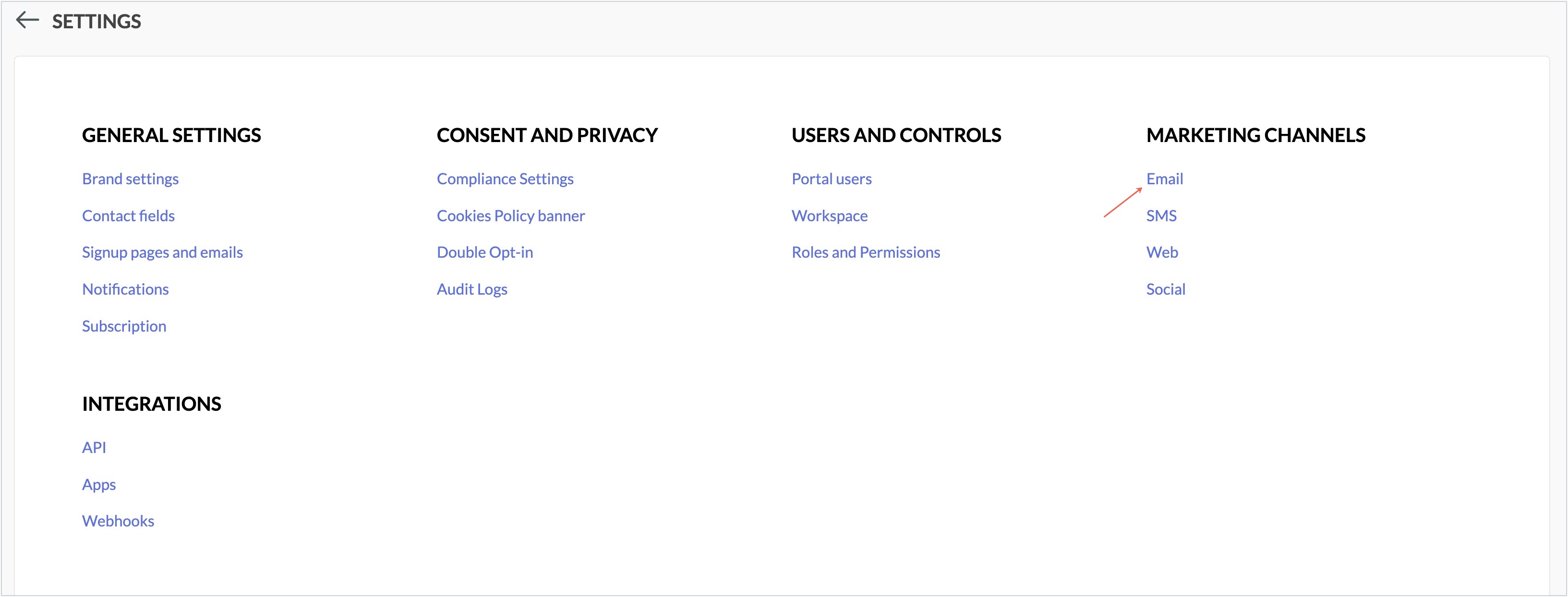 settings page
