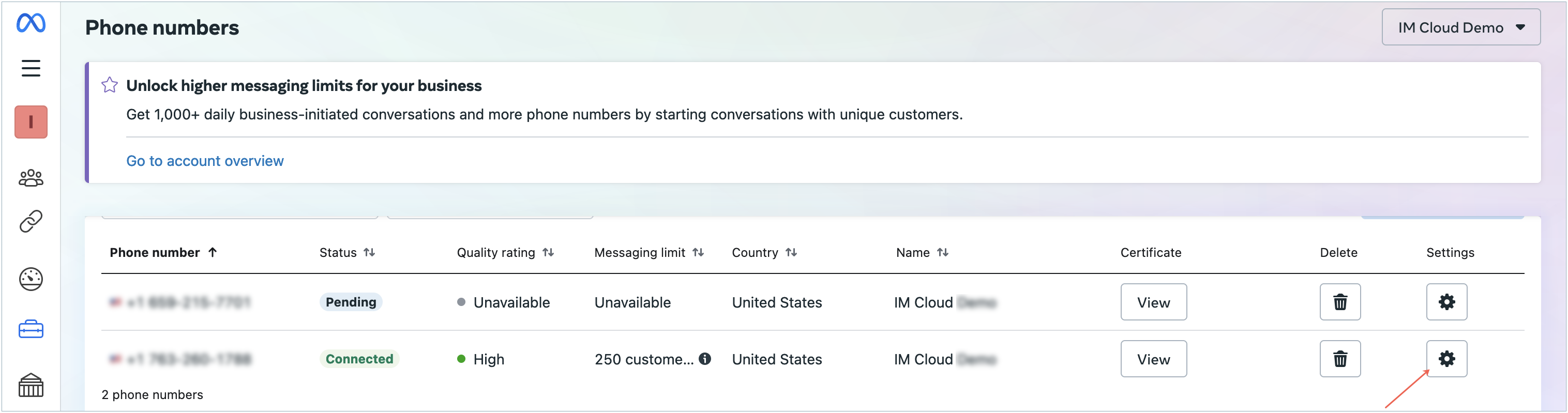 ícone de configurações do número do whatsapp