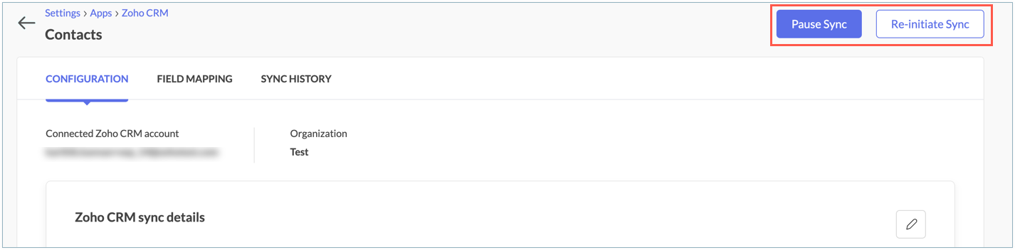 crm pause and re-initiate sync