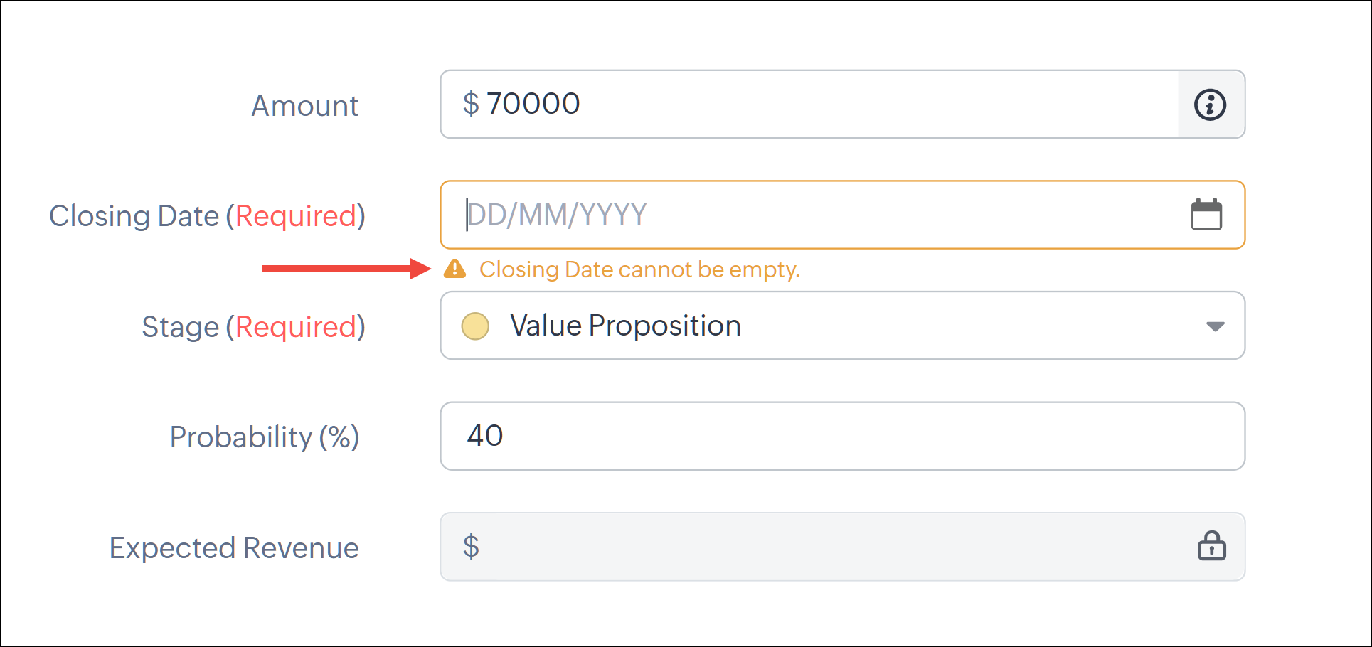 For example, he's not filled the closing date field, which is mandatory. An error message is displayed below the field. It has an error icon and has an accessible color.