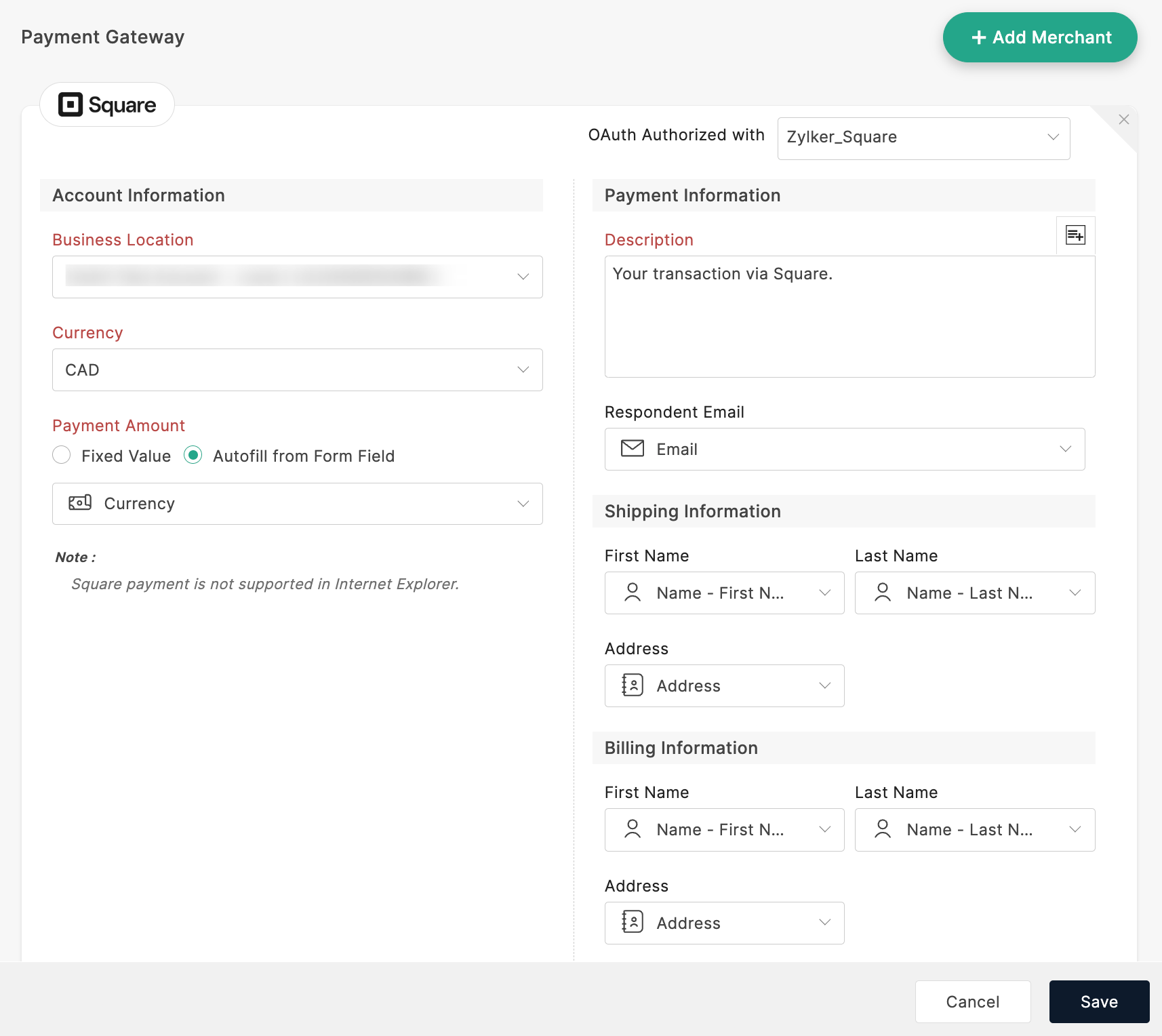 Payment gateway configuration