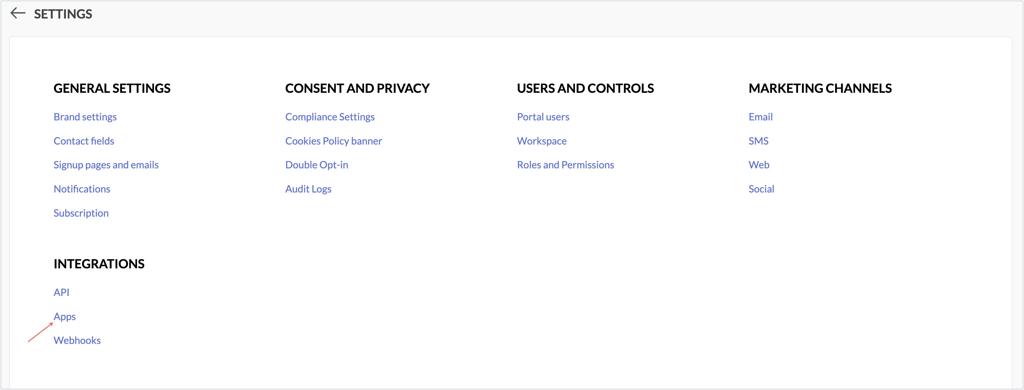 settings page